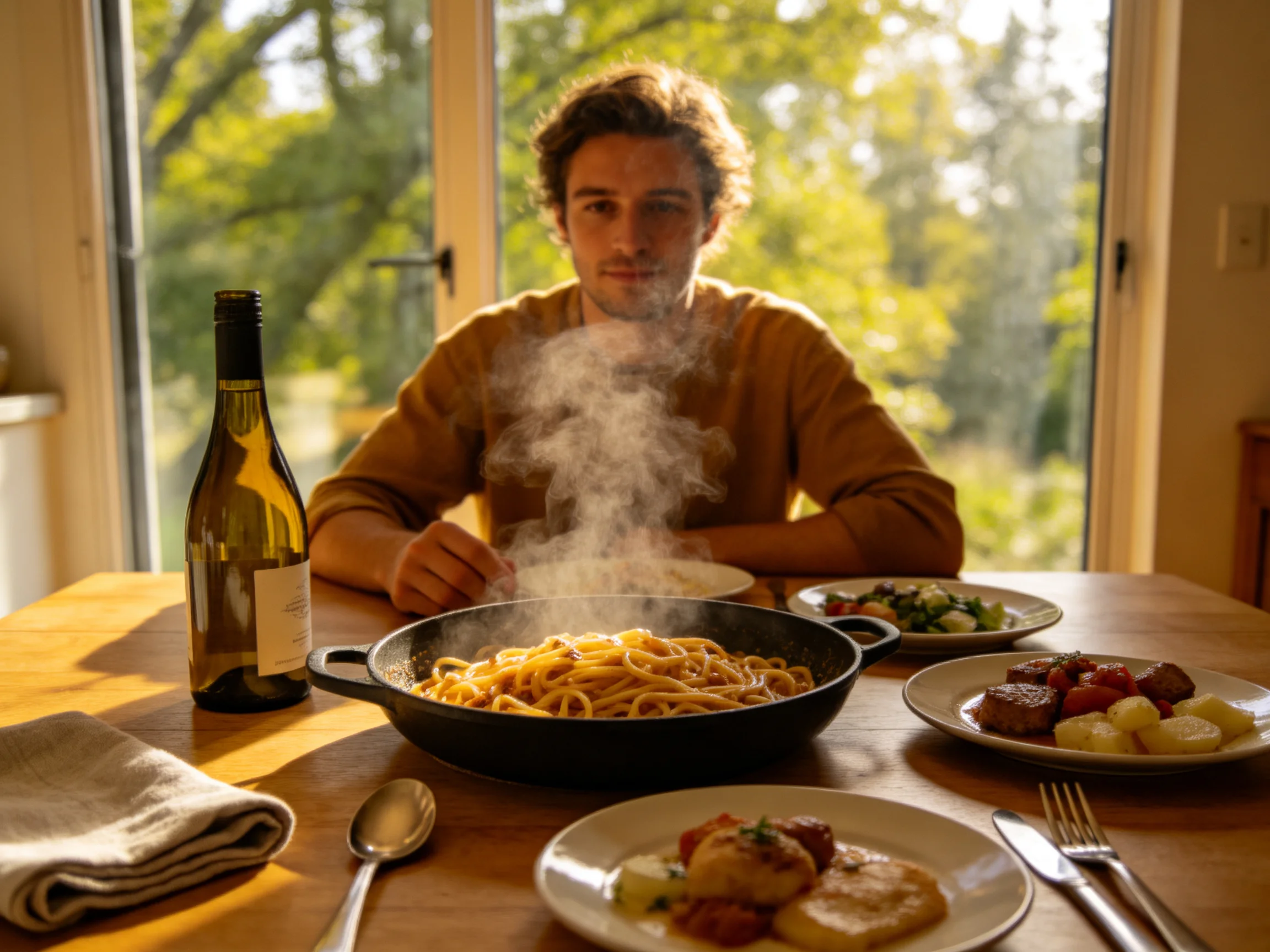 A man enjoys a steaming pasta dinner with assorted dishes and white wine