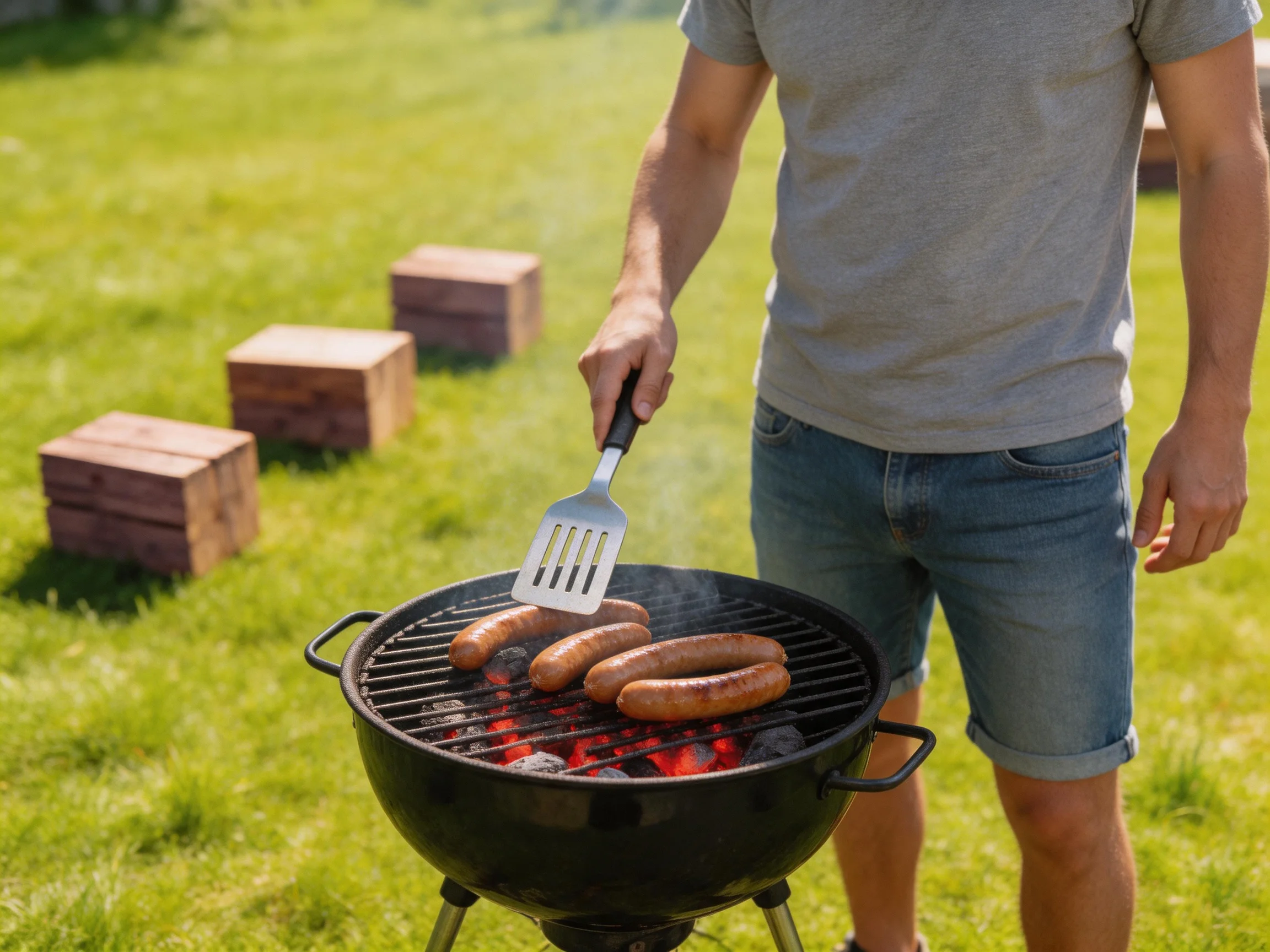 A man grilling five brown sausages on a black charcoal grill in a sunny yard