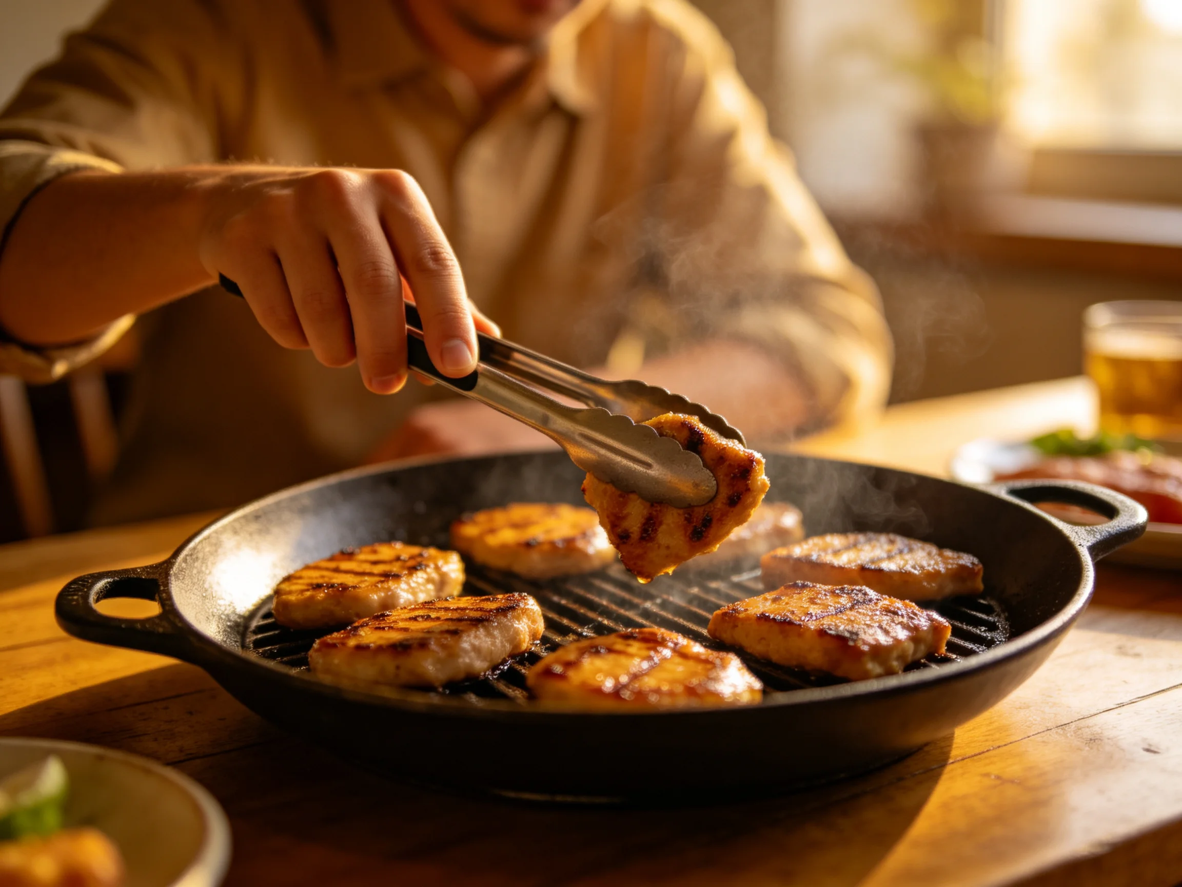 A man grilling golden-brown patties in a black cast iron skillet