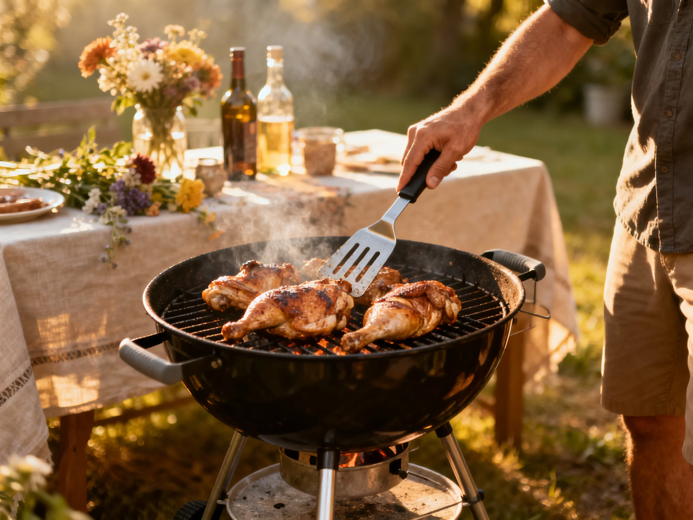 A man grilling golden chicken on a black charcoal grill outdoors