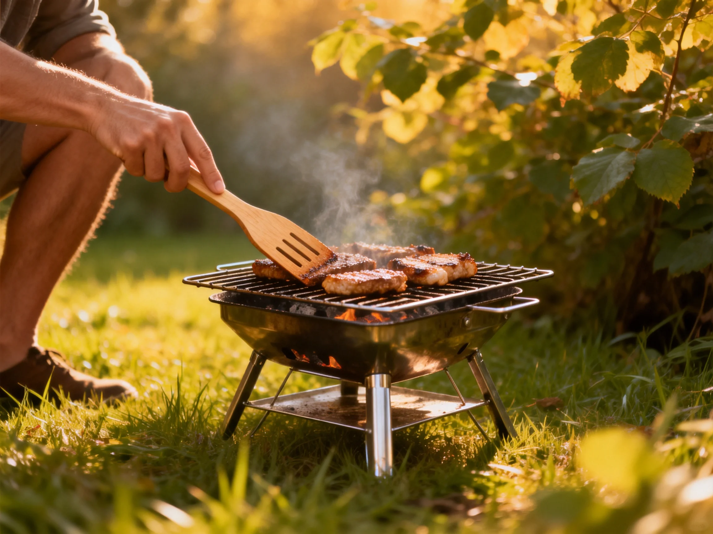 A man grilling marinated steaks on a small charcoal grill in a sunlit backyard