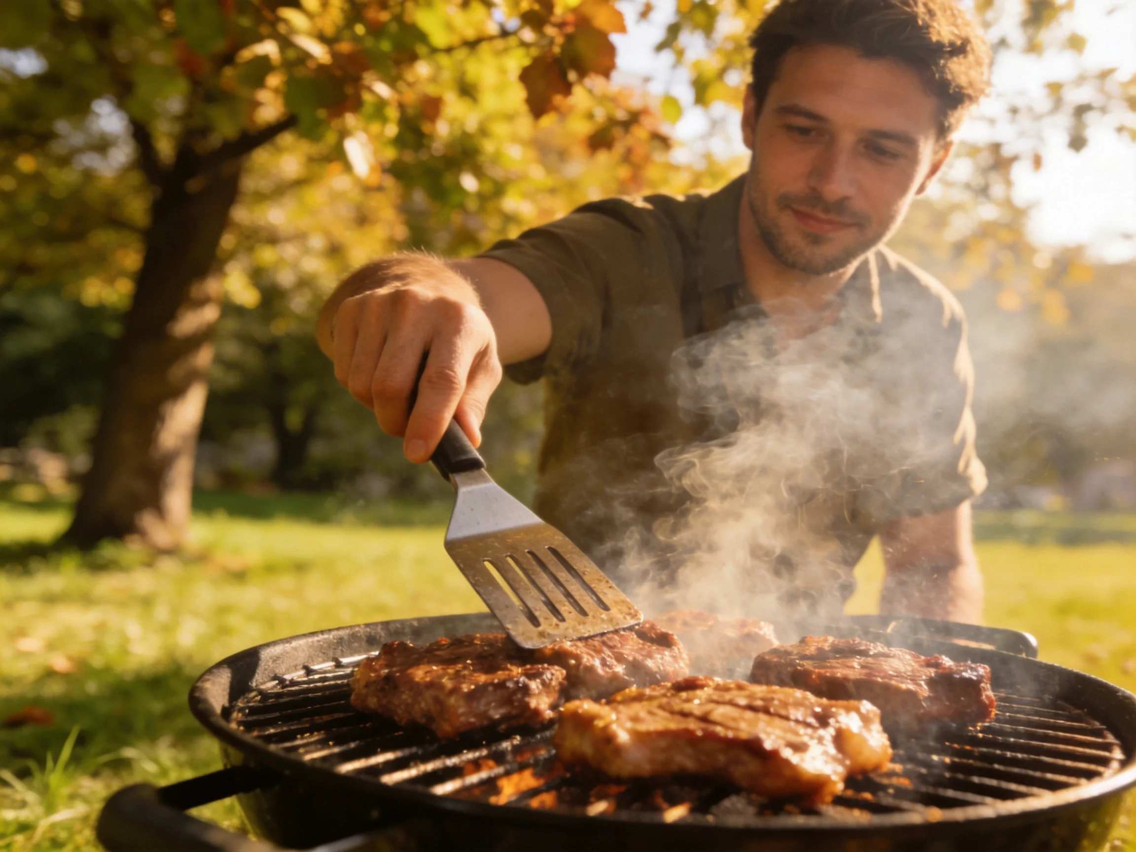 A man grilling marinated steaks on an outdoor charcoal grill