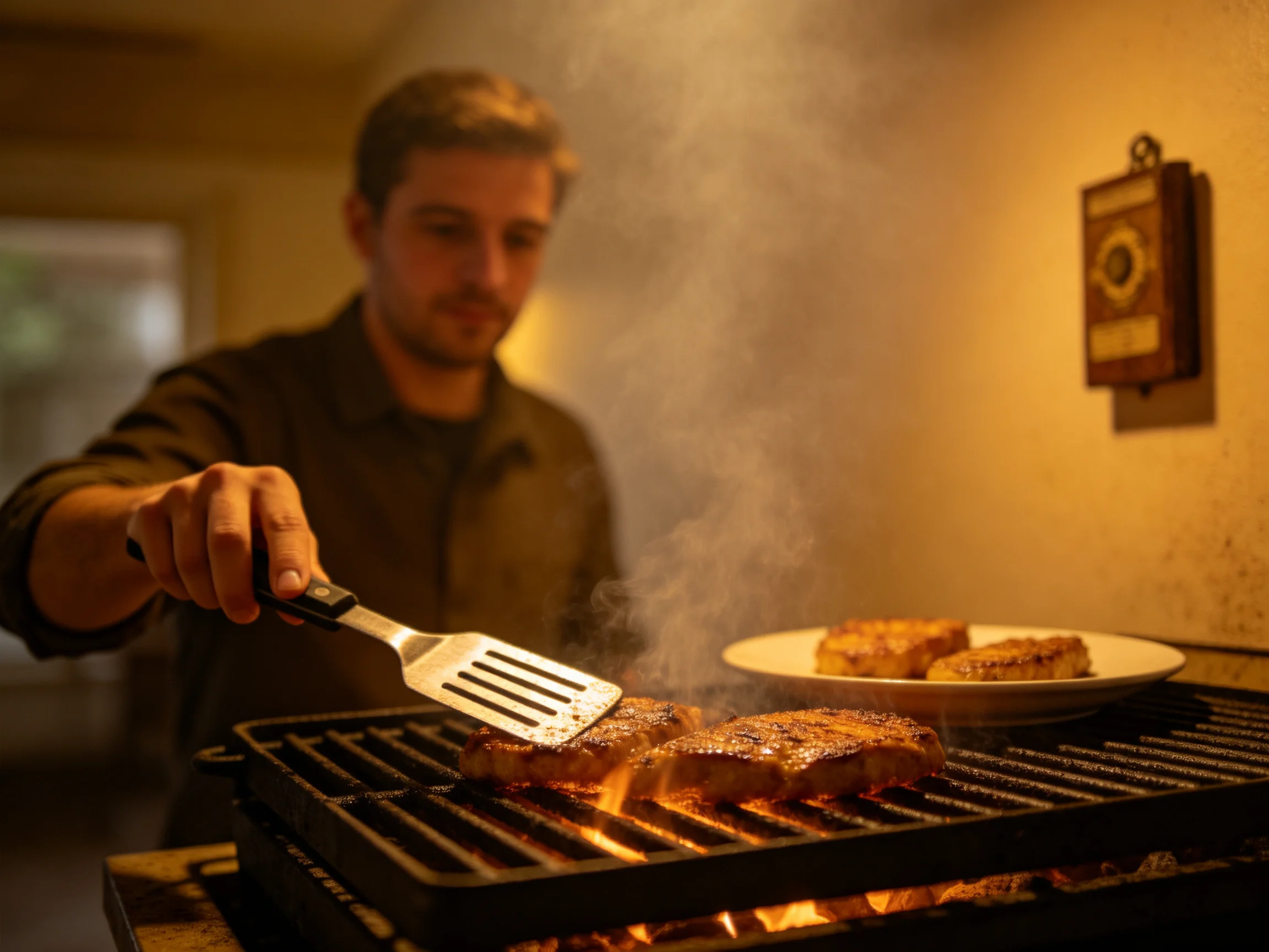 A man grilling marinated steaks over an open flame indoors