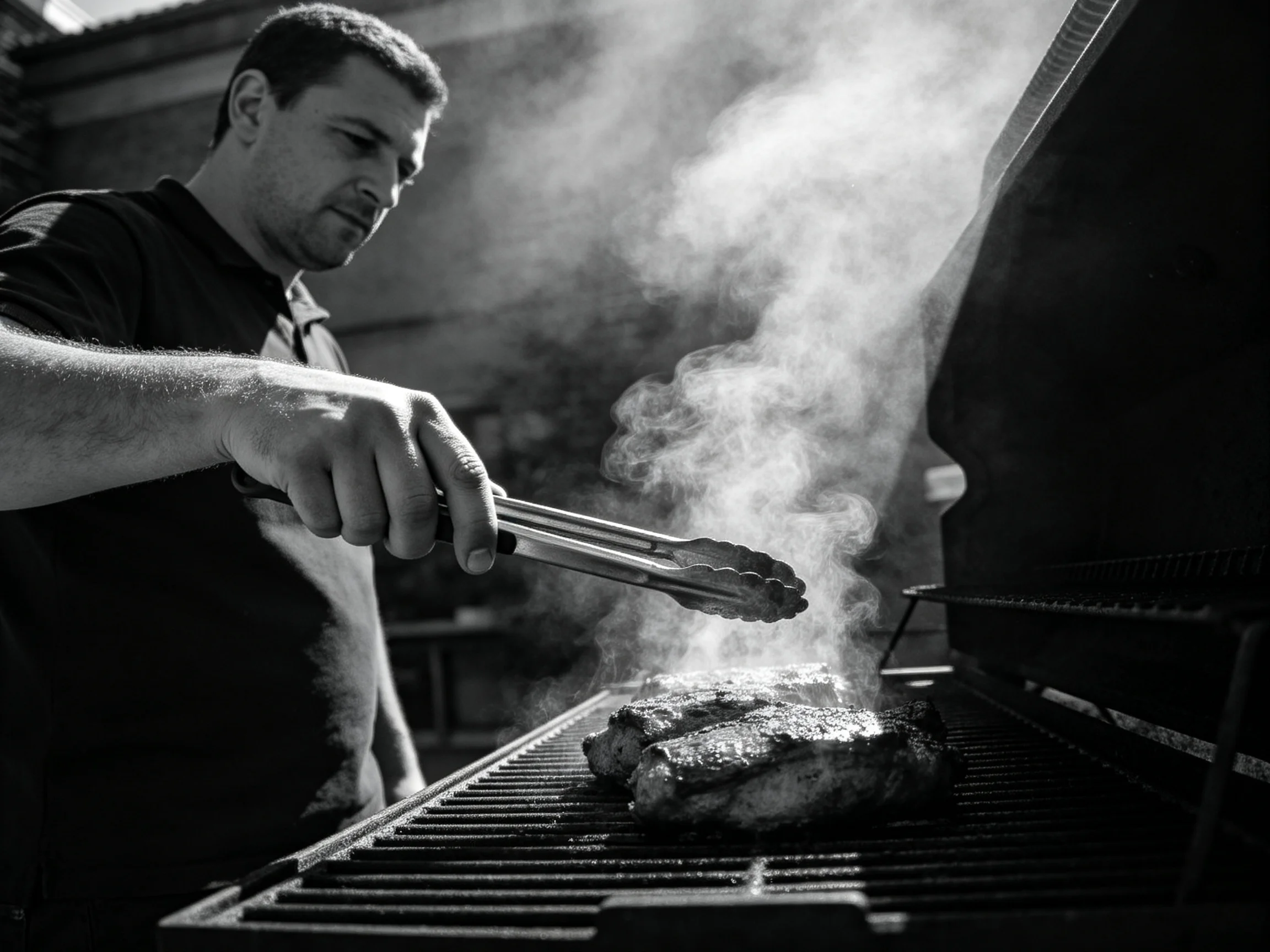 A man grilling meat on an outdoor charcoal grill with rising smoke
