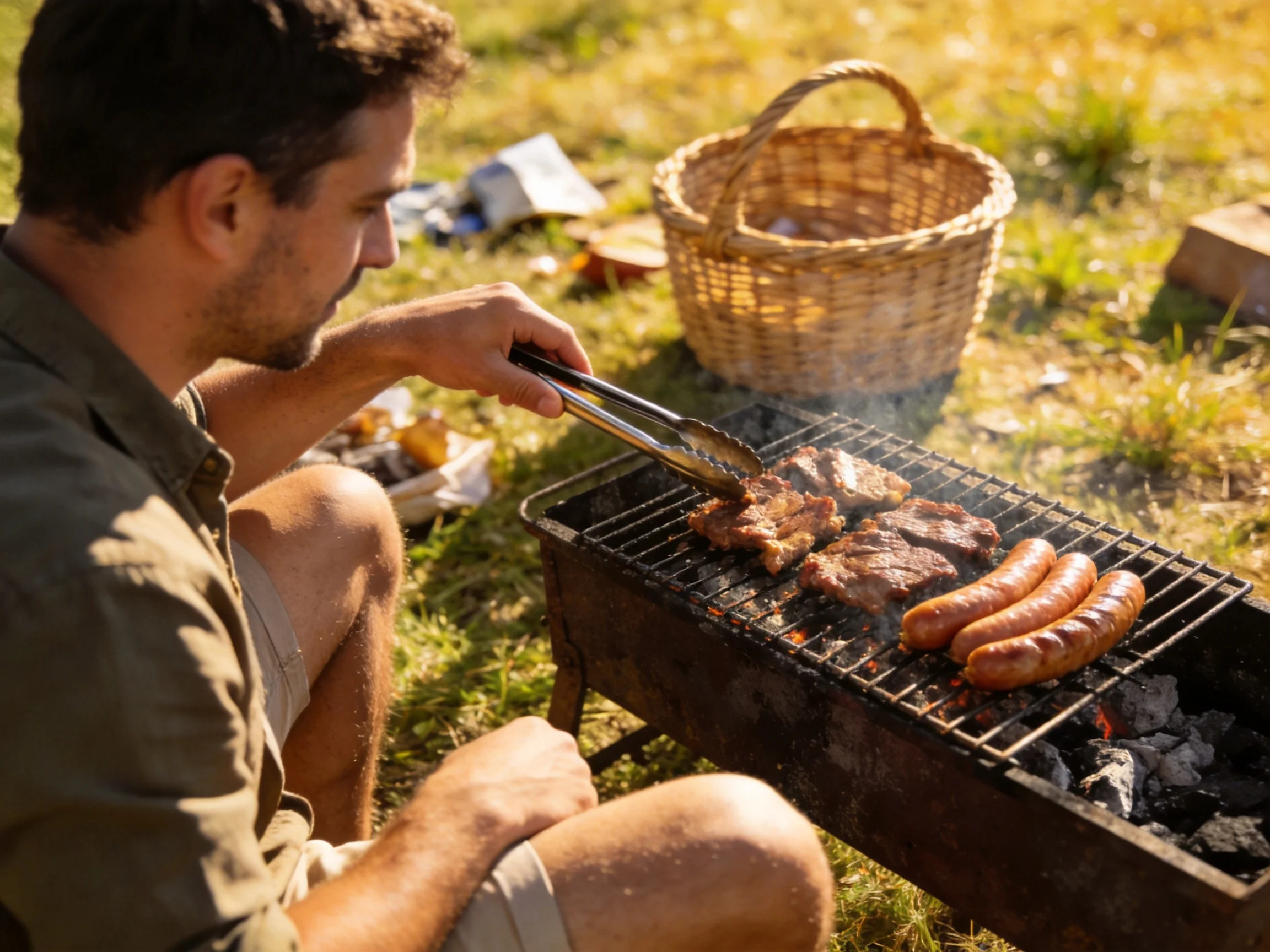 A man grilling meats and sausages on an outdoor charcoal grill