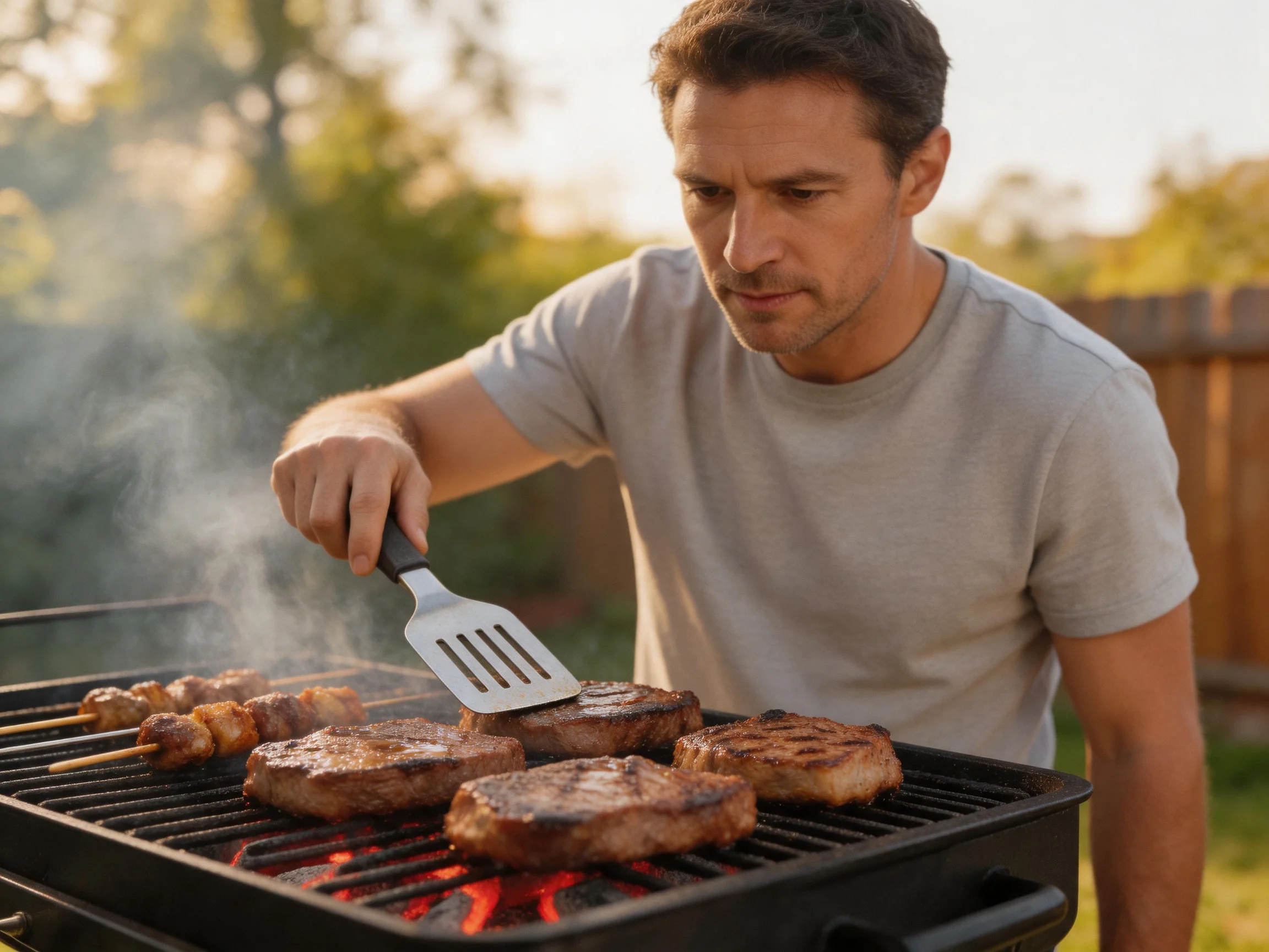 A man grilling multiple steaks and skewers on an outdoor barbecue