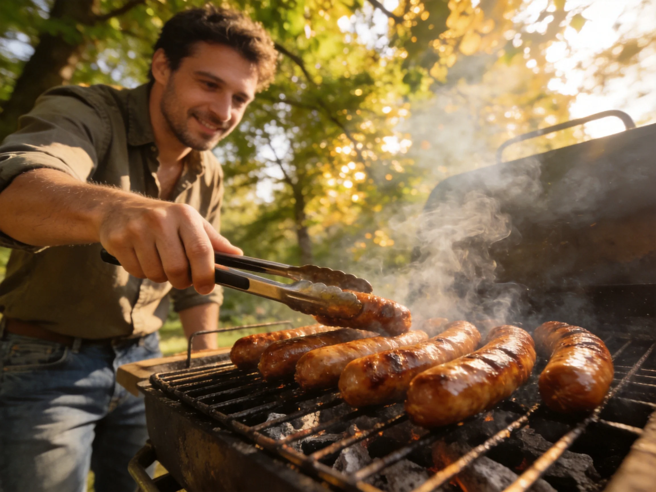 A man grilling plump brown sausages on an outdoor charcoal grill