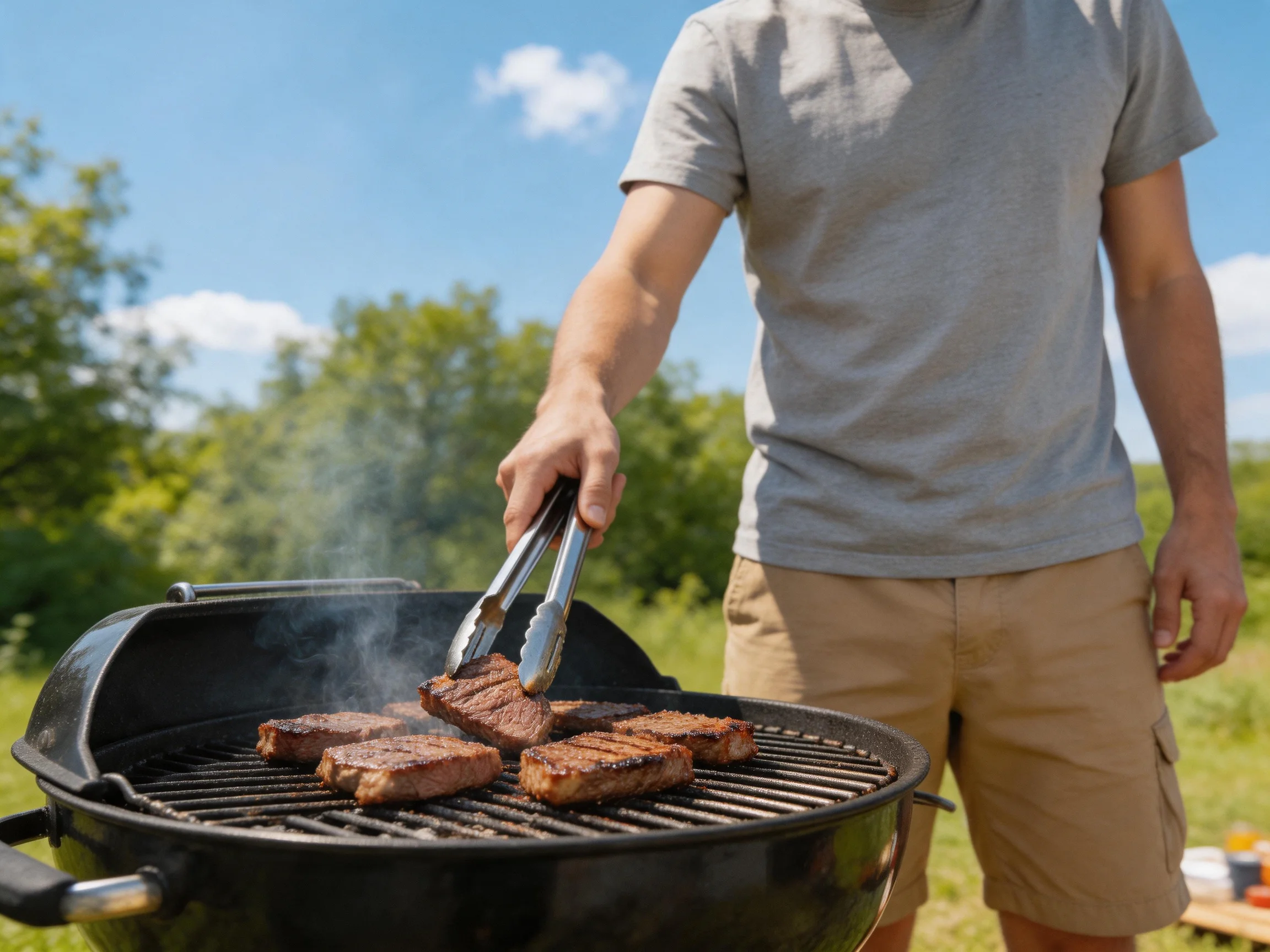 A man grilling several brown steaks on a black charcoal grill outdoors