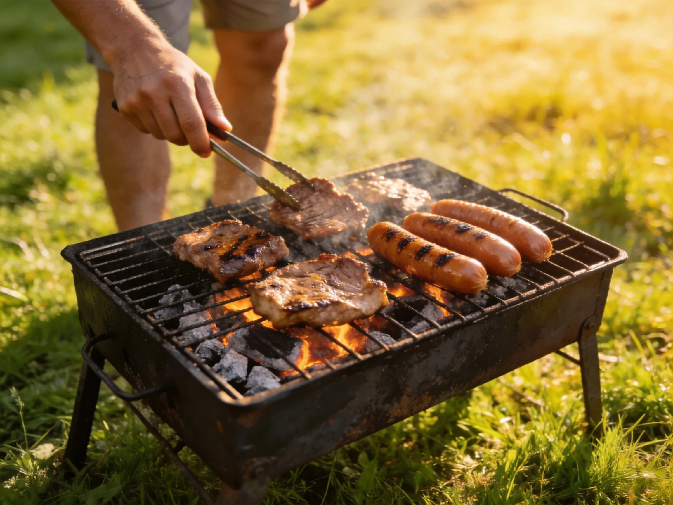A man grilling steaks and sausages on a charcoal barbecue outdoors