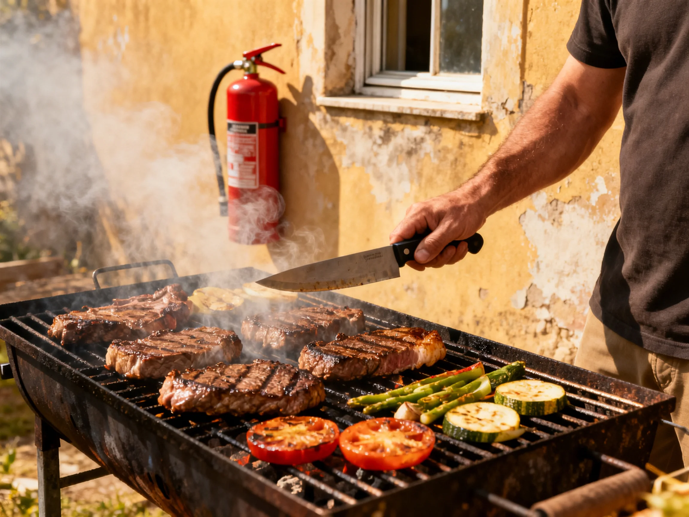 A man grilling steaks and vegetables on an outdoor charcoal grill