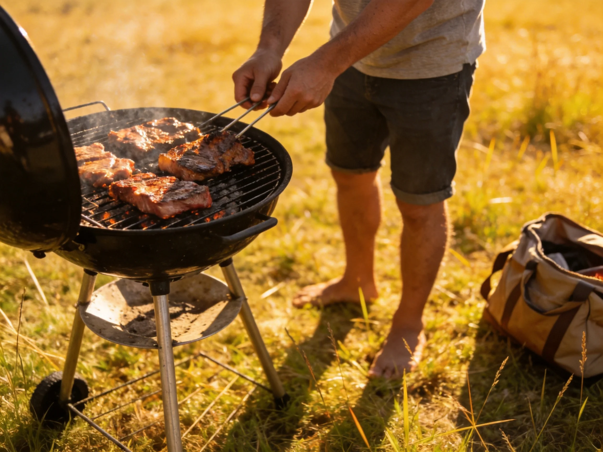 A man grilling steaks on a black charcoal grill in a sunny field