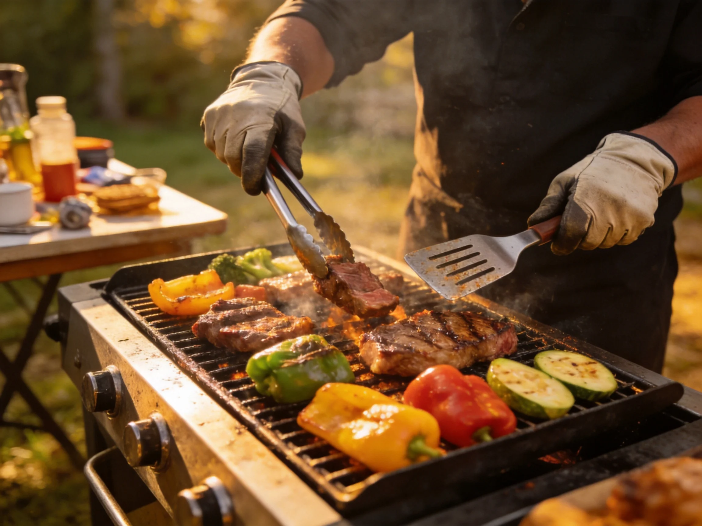 A man grills assorted meats and colorful vegetables on an outdoor barbecue