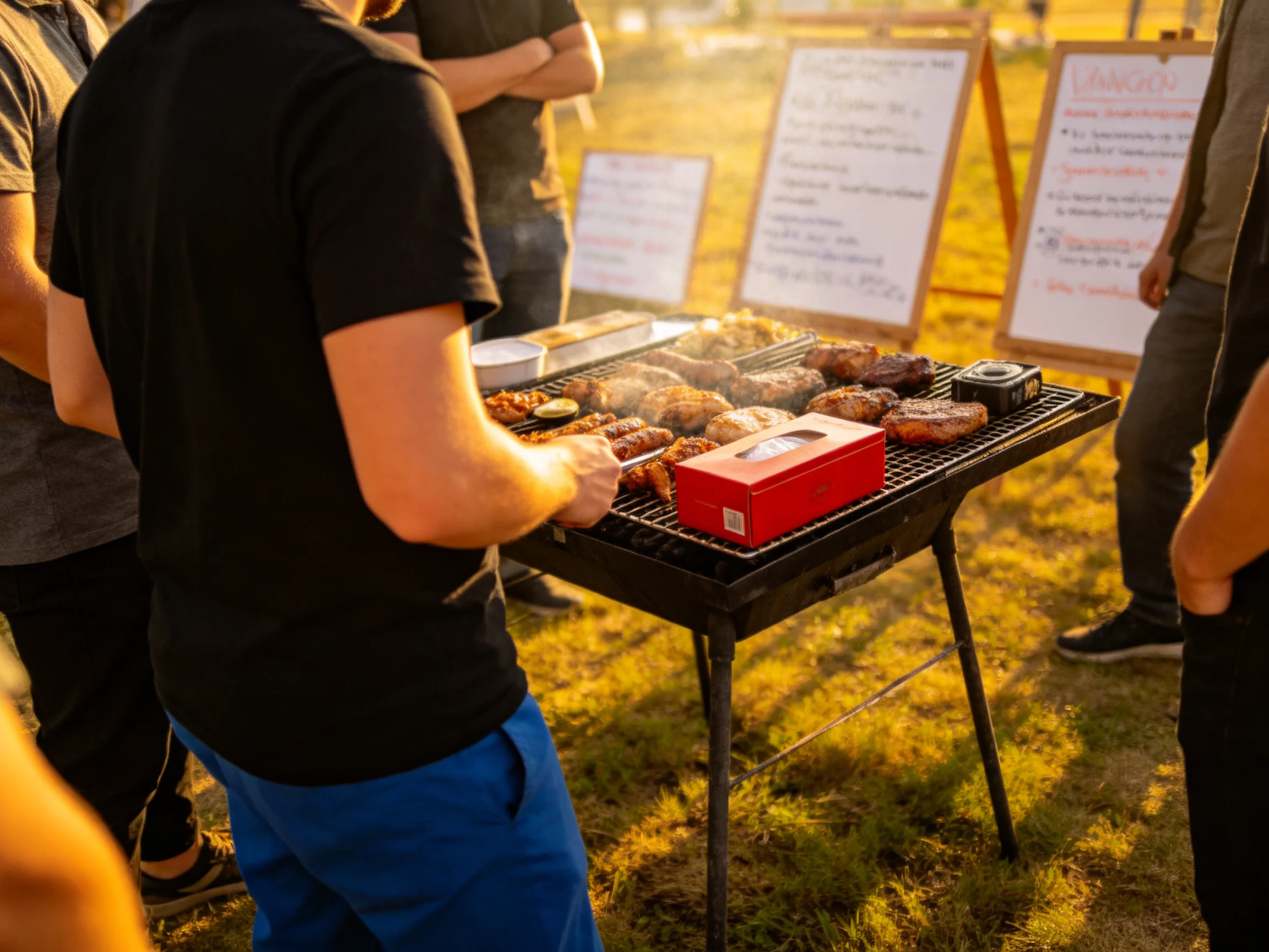 A man grills assorted meats on a black portable grill outdoors