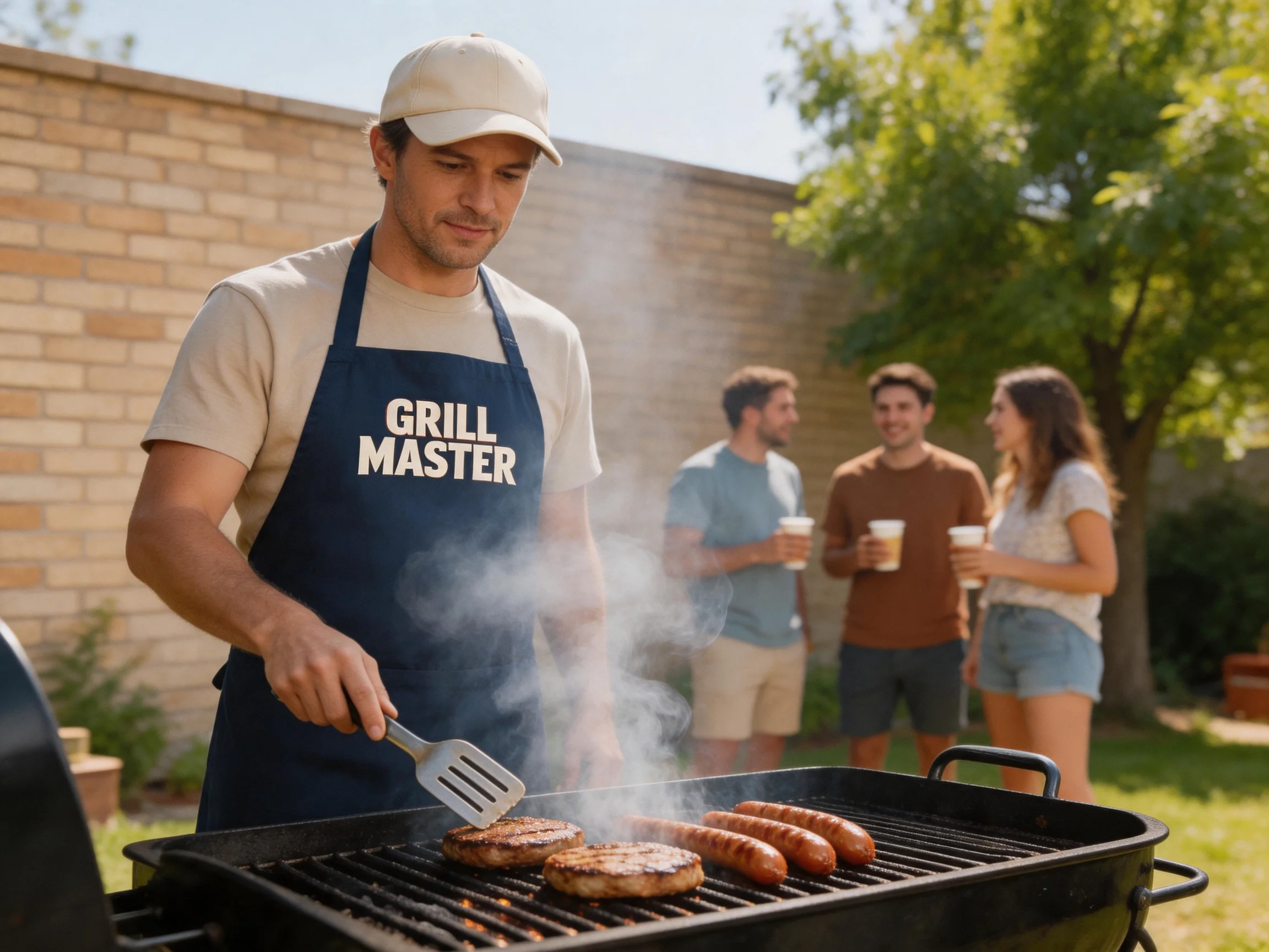 A man grills burgers and sausages at an outdoorbackyard barbecue