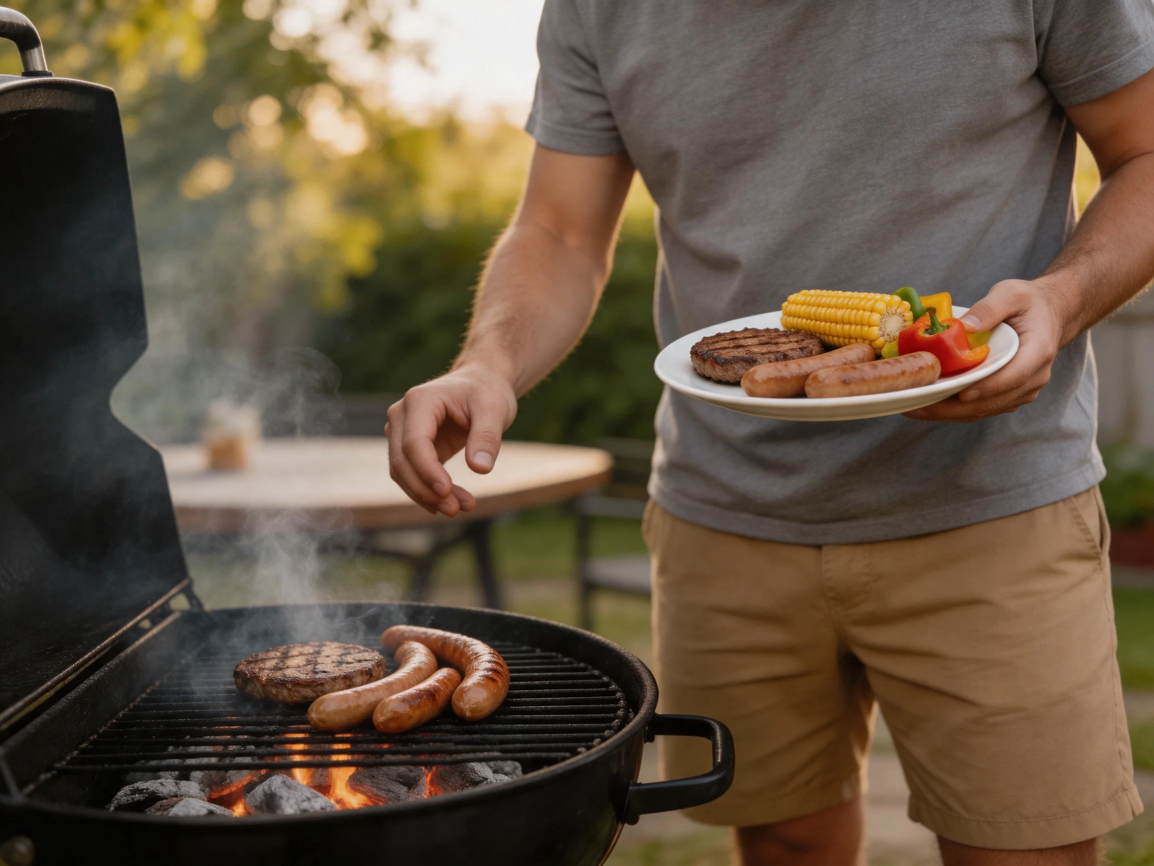 A man grills burgers and sausages with corn and peppers outdoors