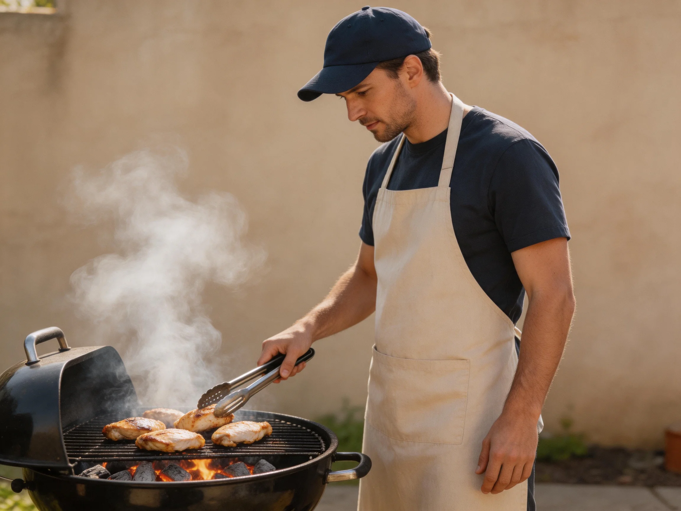 A man grills chicken on a black charcoal grill outdoors