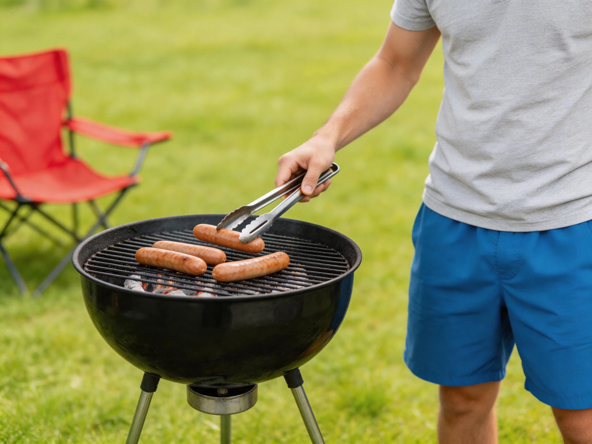 A man grills four brown sausages on a black charcoal grill near a red folding chair