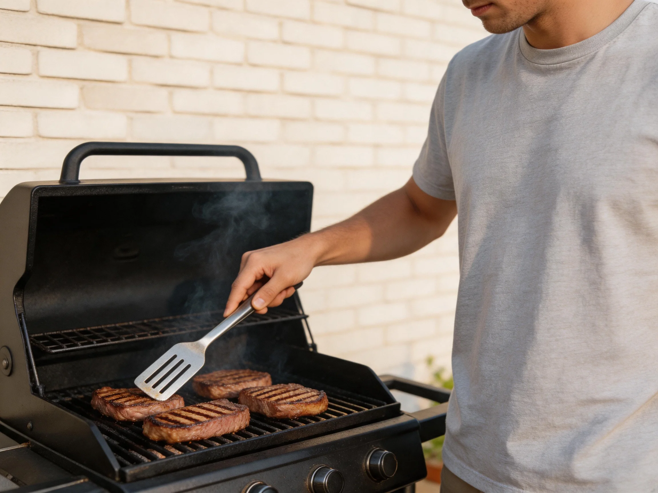 A man grills four brown steaks on a black outdoorgrill near a white brick wall