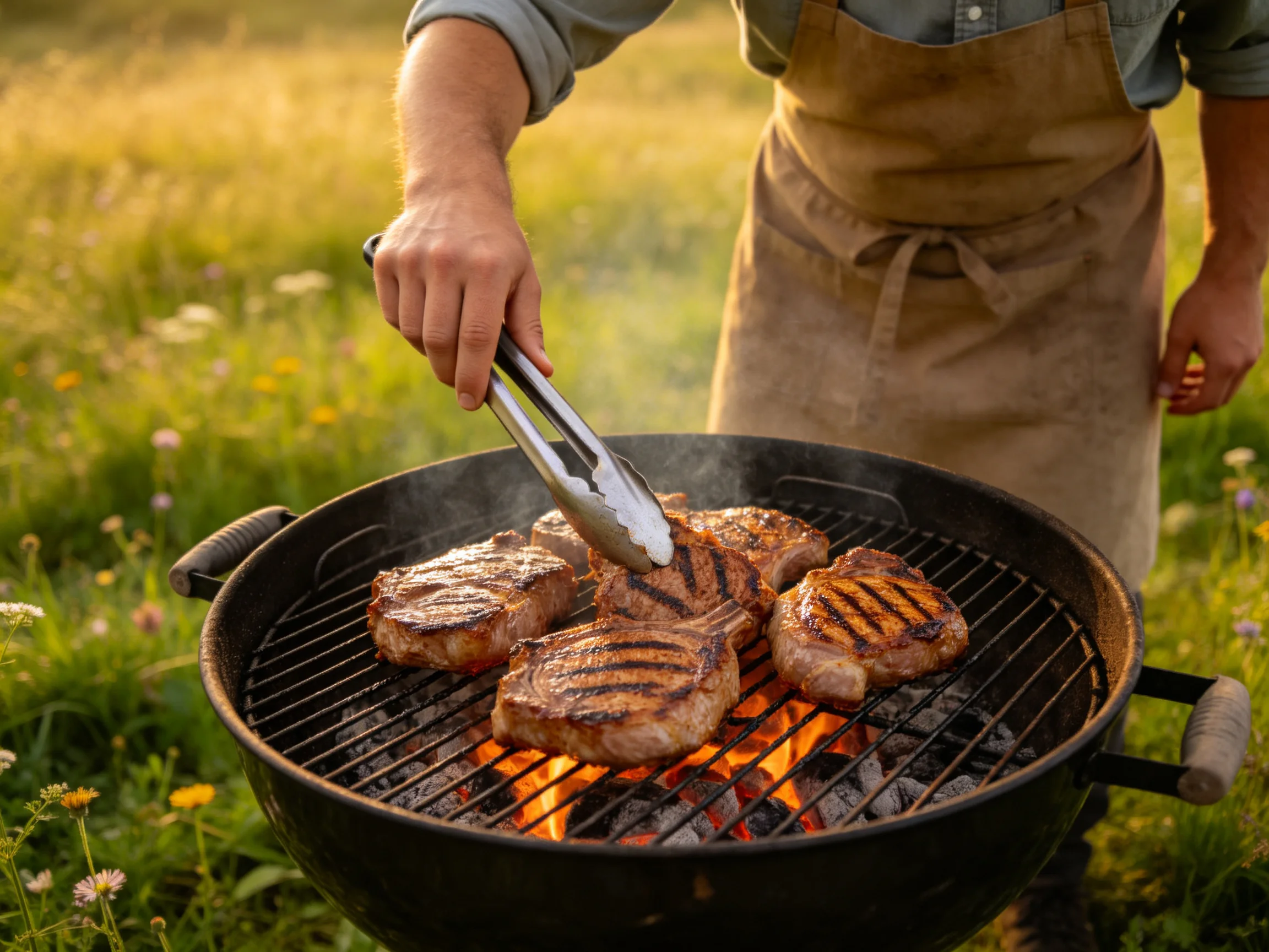 A man grills four marbled steaks over an open flame outdoors