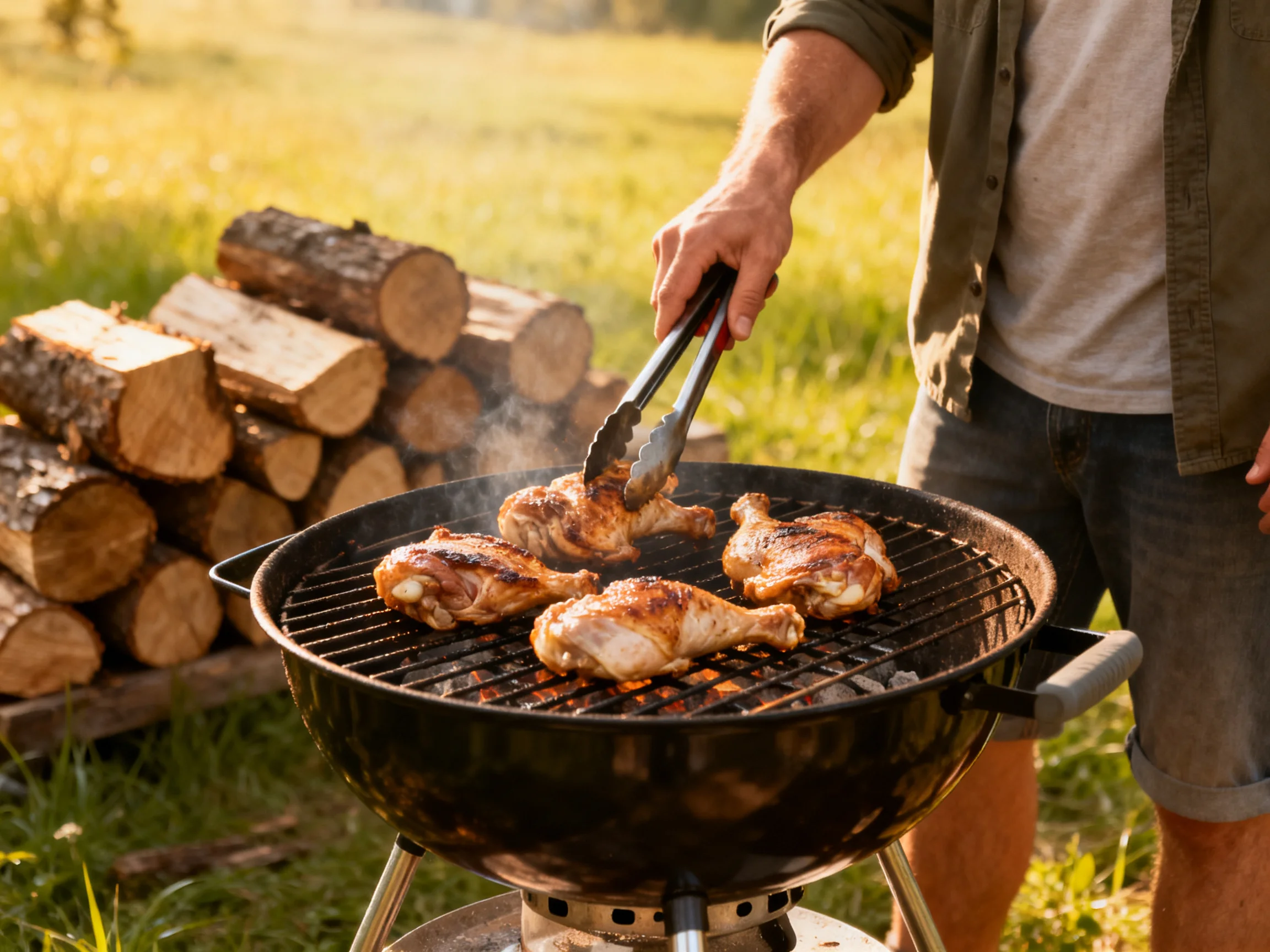 A man grills golden chicken on a black charcoal grill near stacked wood