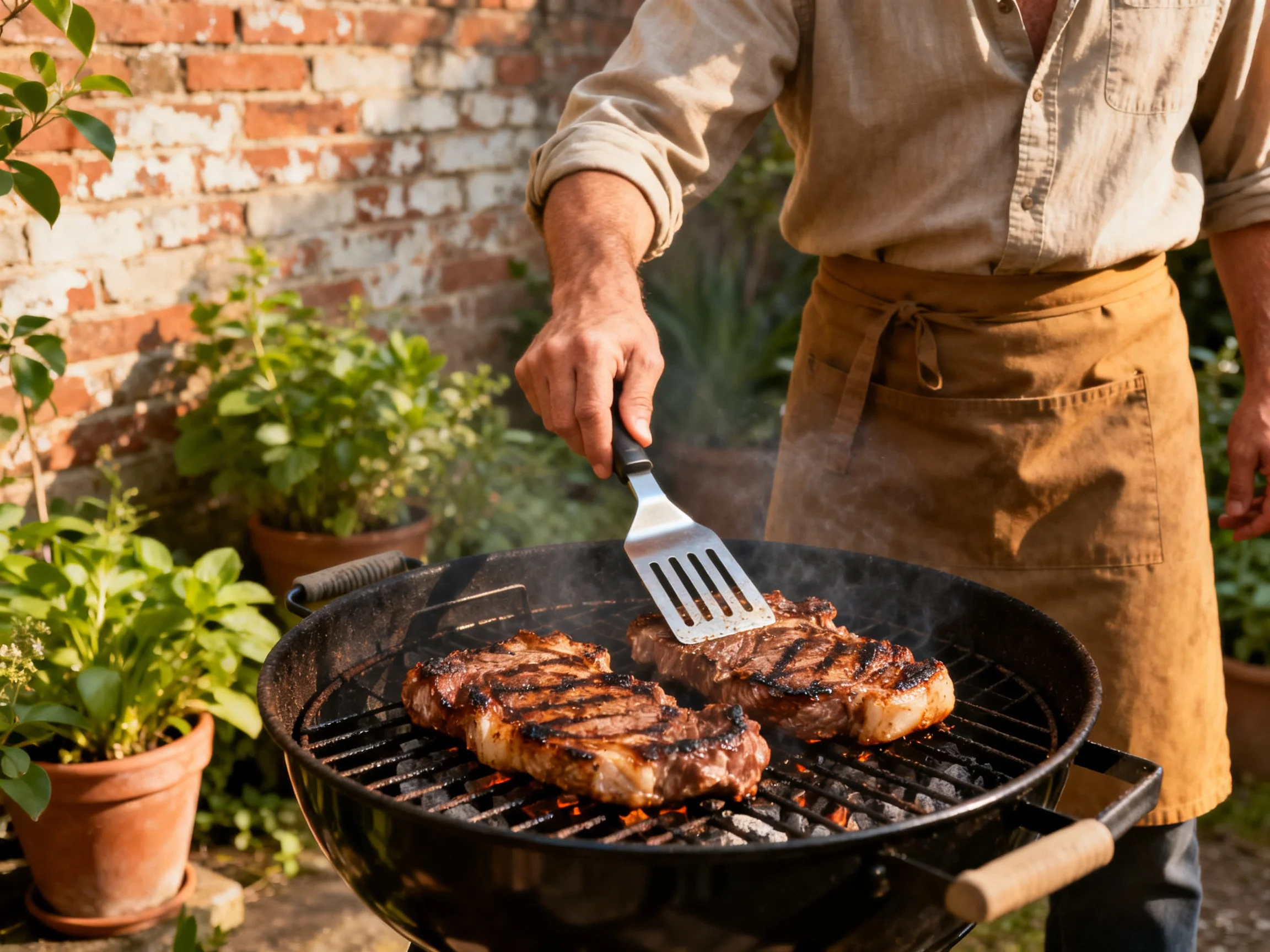 A man grills grilled steaks near a weathered brick wall