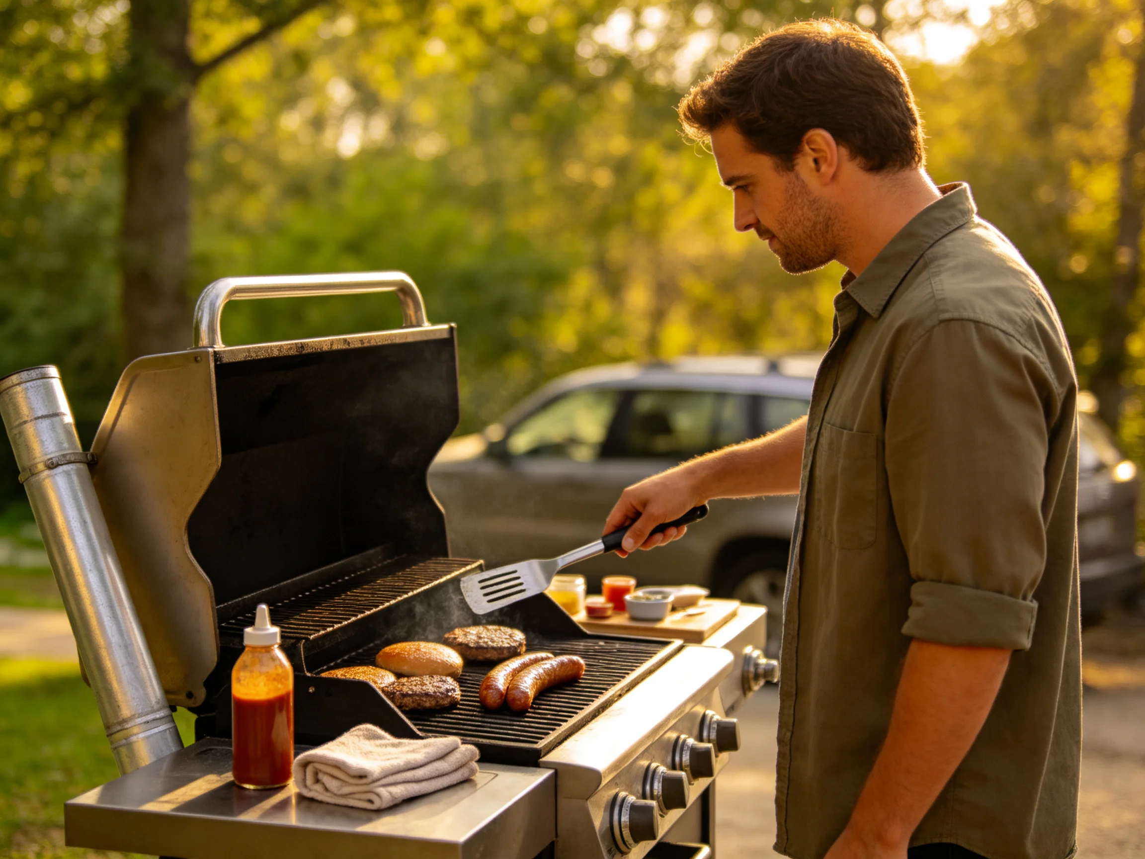 A man grills hamburgers and hot dogs on a stainless steel outdoor grill under golden sunlight
