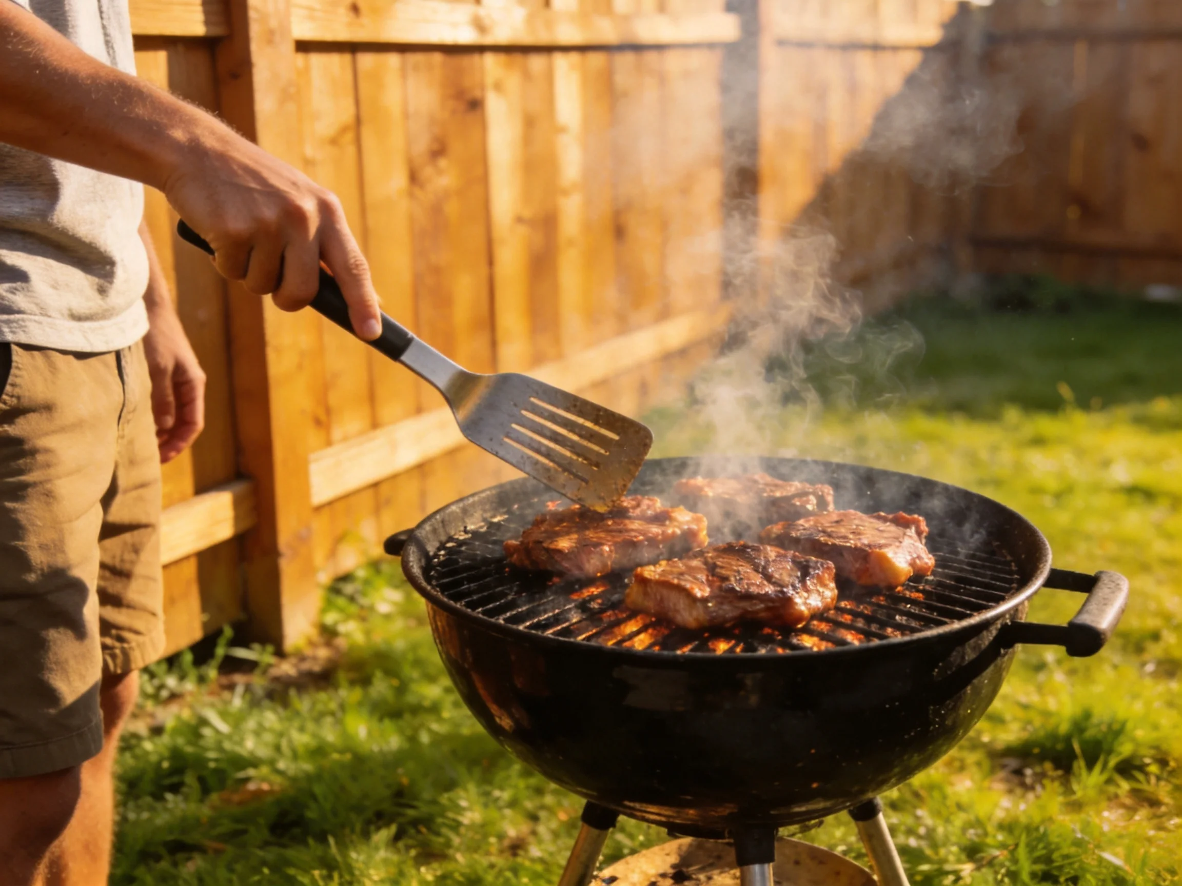 A man grills juicy brown steaks over glowing embers beside a wooden fence