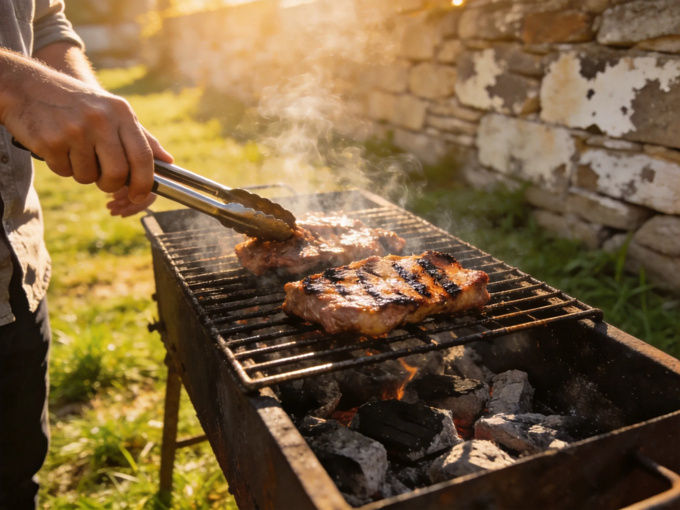 A man grills maroon steaks near an aged stone wall under golden sunlight