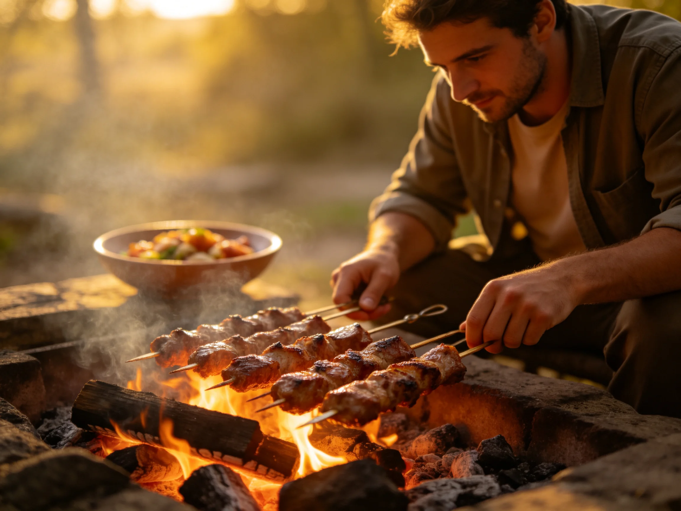 A man grills meat skewers over a glowing campfire outdoors