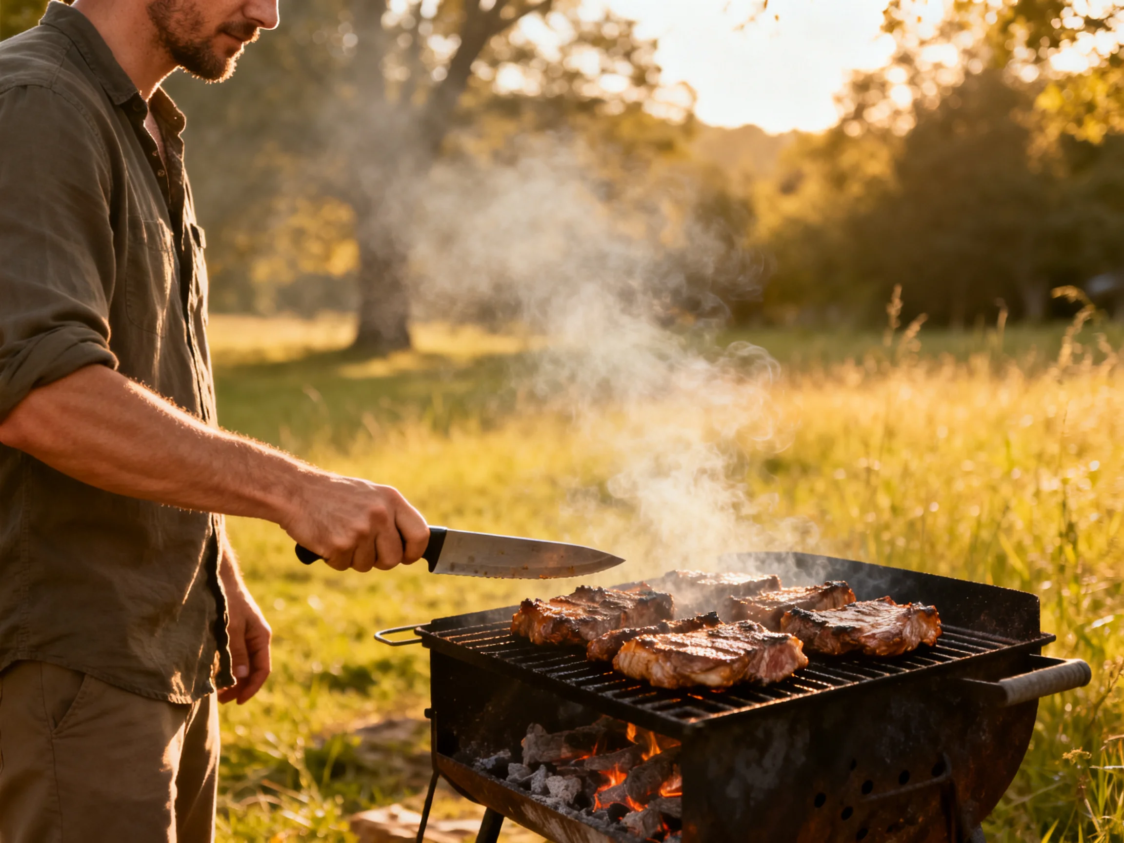 A man grills steaks on a charcoal barbecue in a sunlit meadow