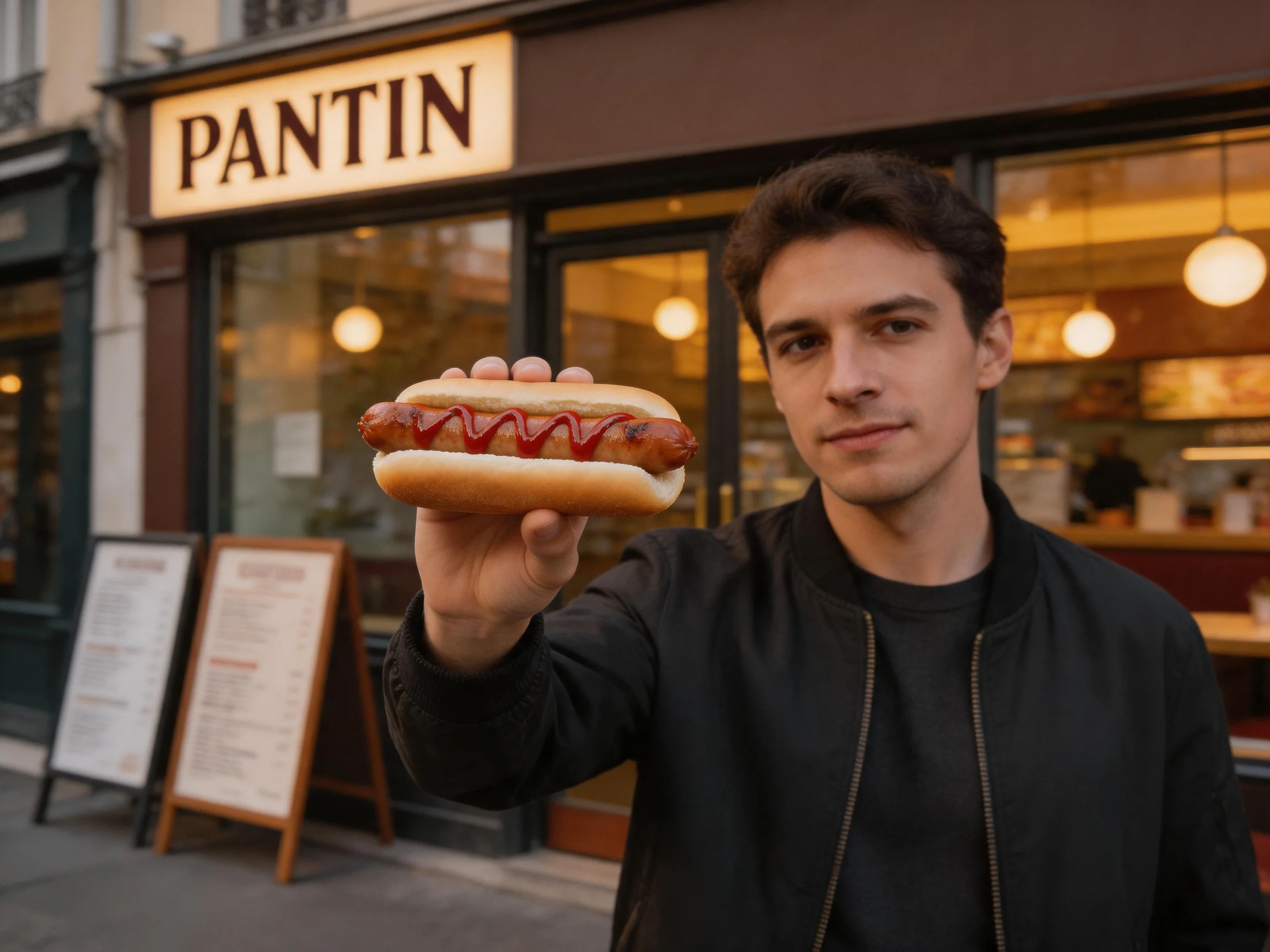 A man holds a sausage hot dog with ketchup outside a Pantin restaurant
