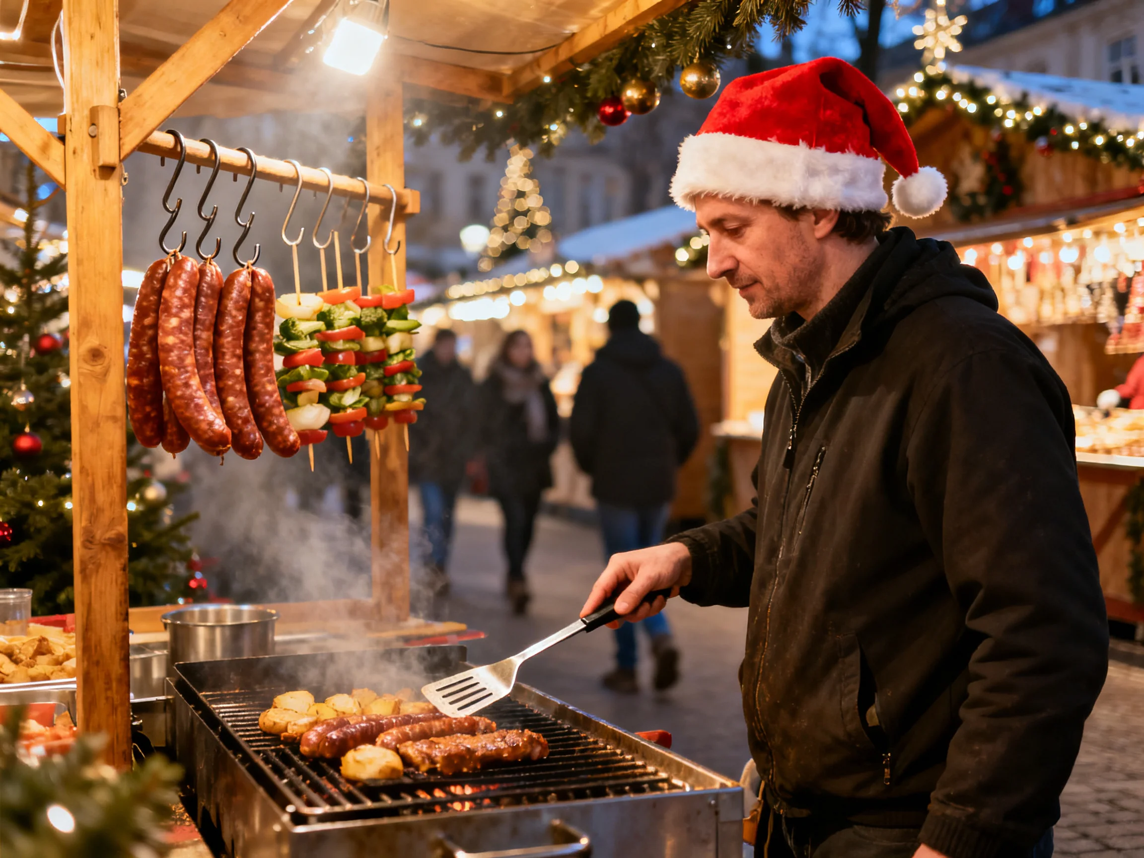 A man in a Santa hat grills meats at a decorated holiday market with skewers and festive lights