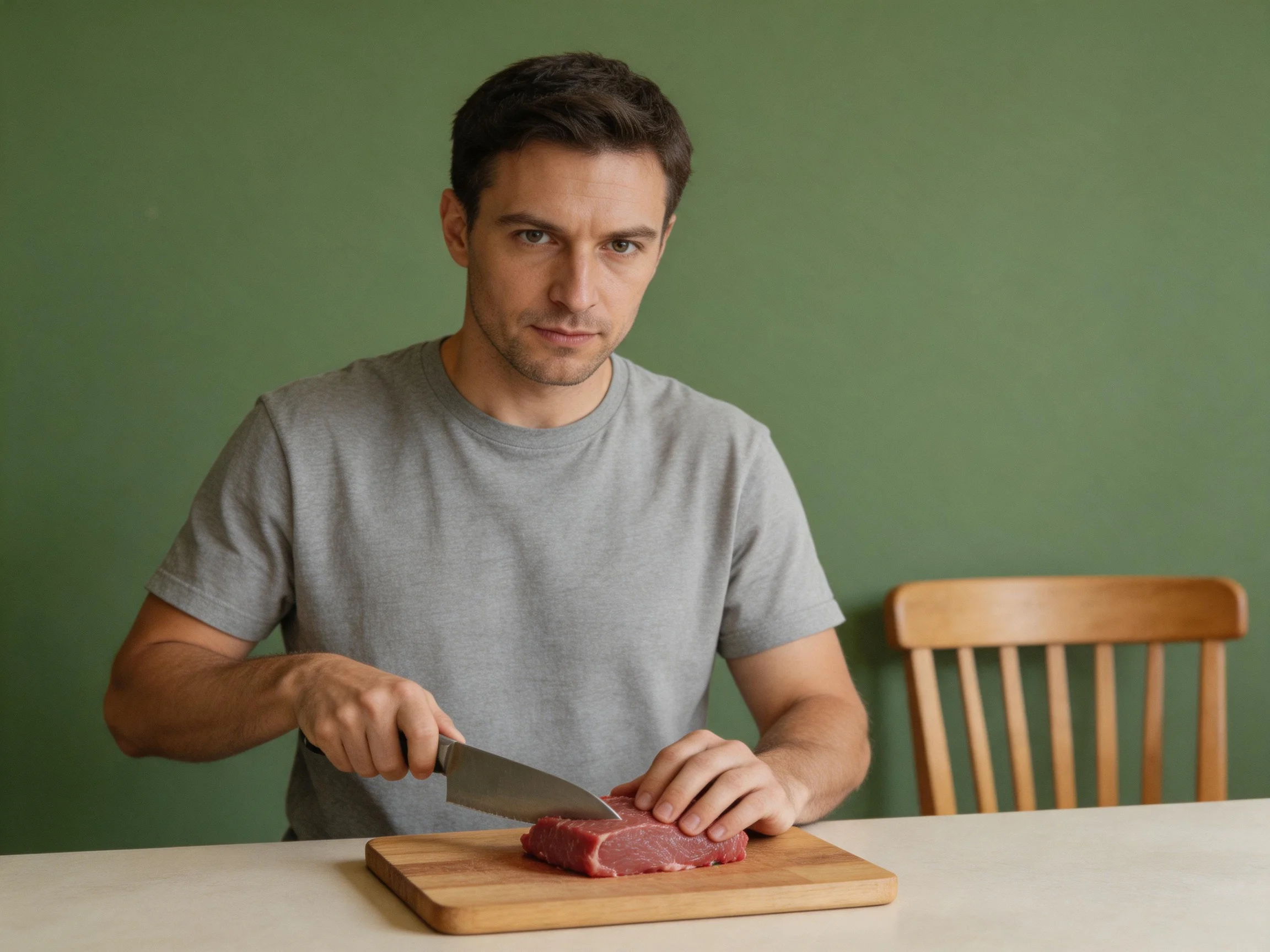 A man in a gray t-shirt slicing raw meat on a wooden cutting board