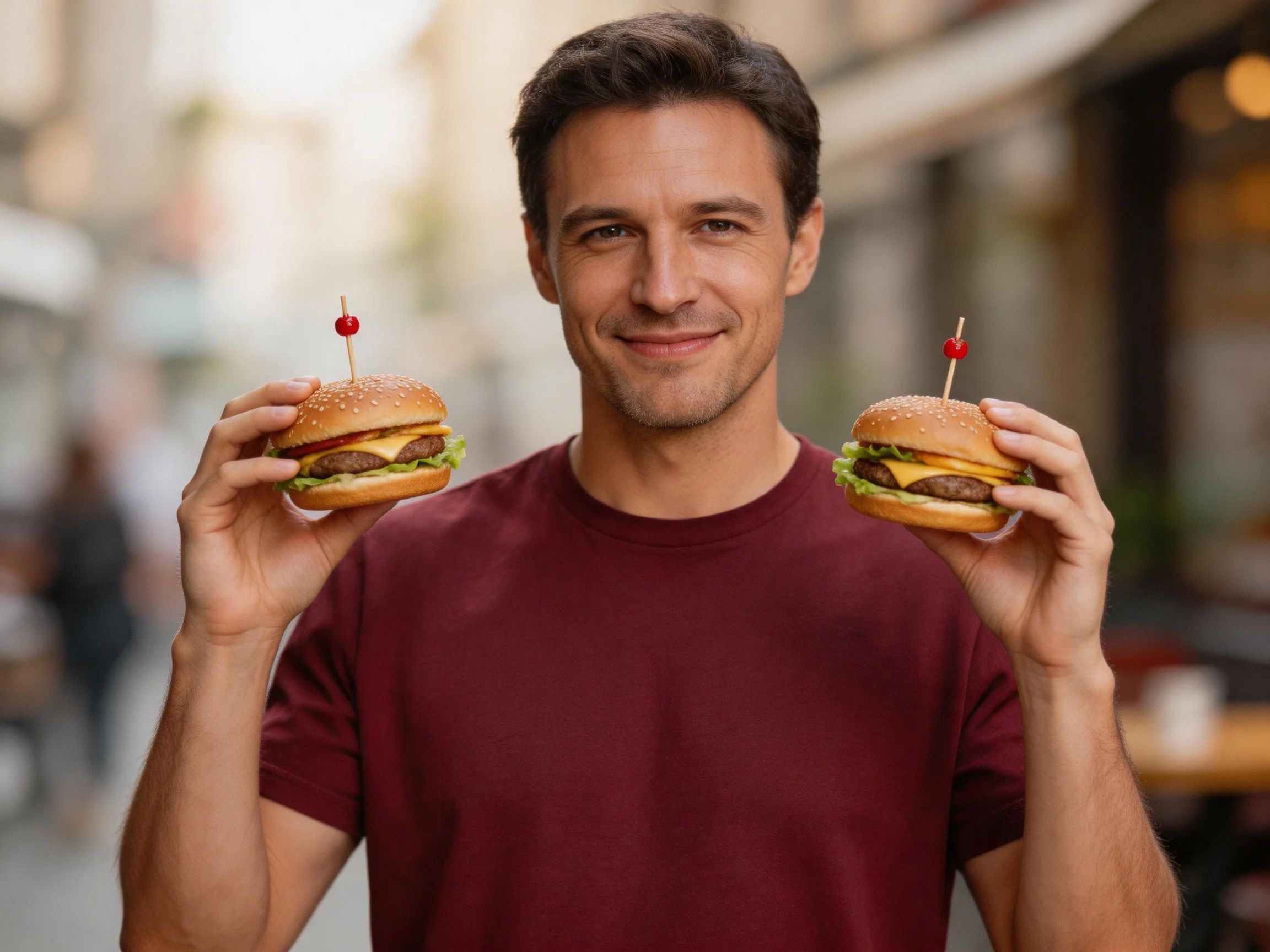A man in a maroon shirt holds two hamburgers with toothpicks