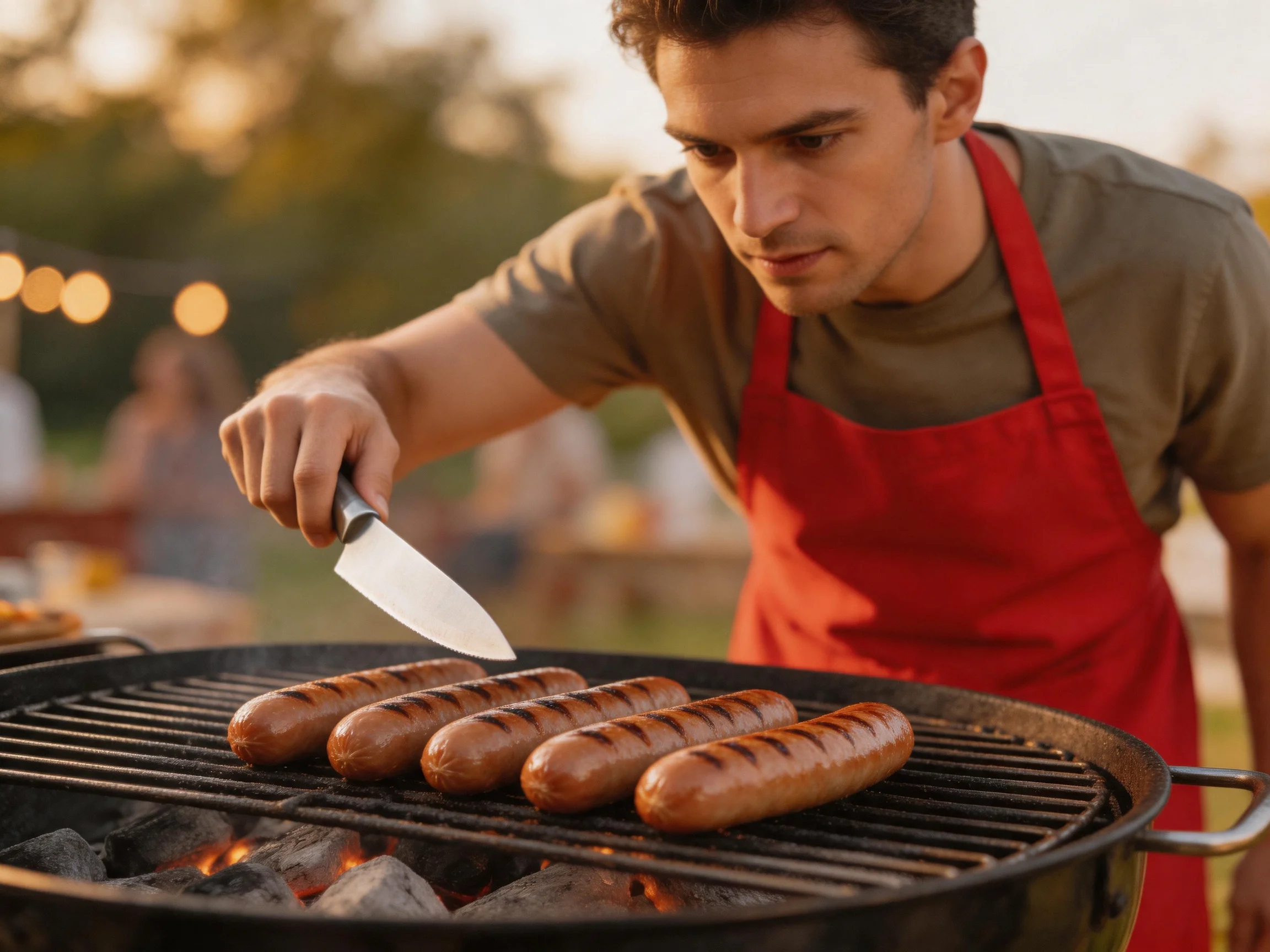 A man in a red apron grills five brown sausages over charcoal