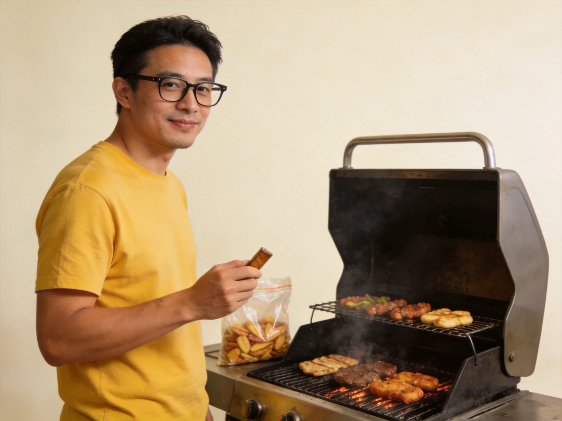 A man in a yellow shirt grills meats and veggies on a black barbecue