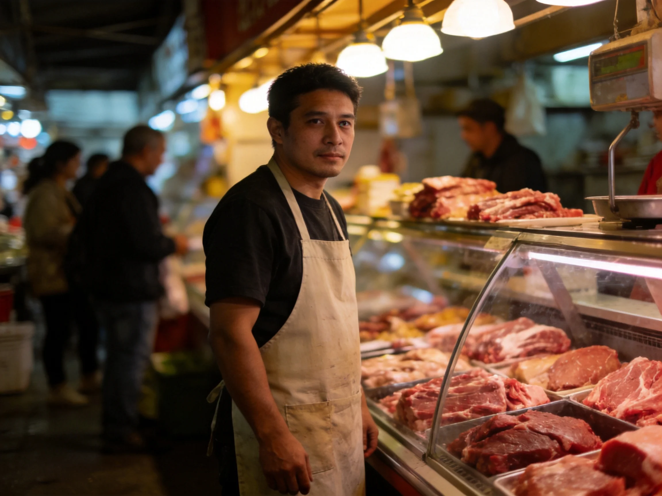 A man in an apron stands by a glass case of raw meats in a bustling market