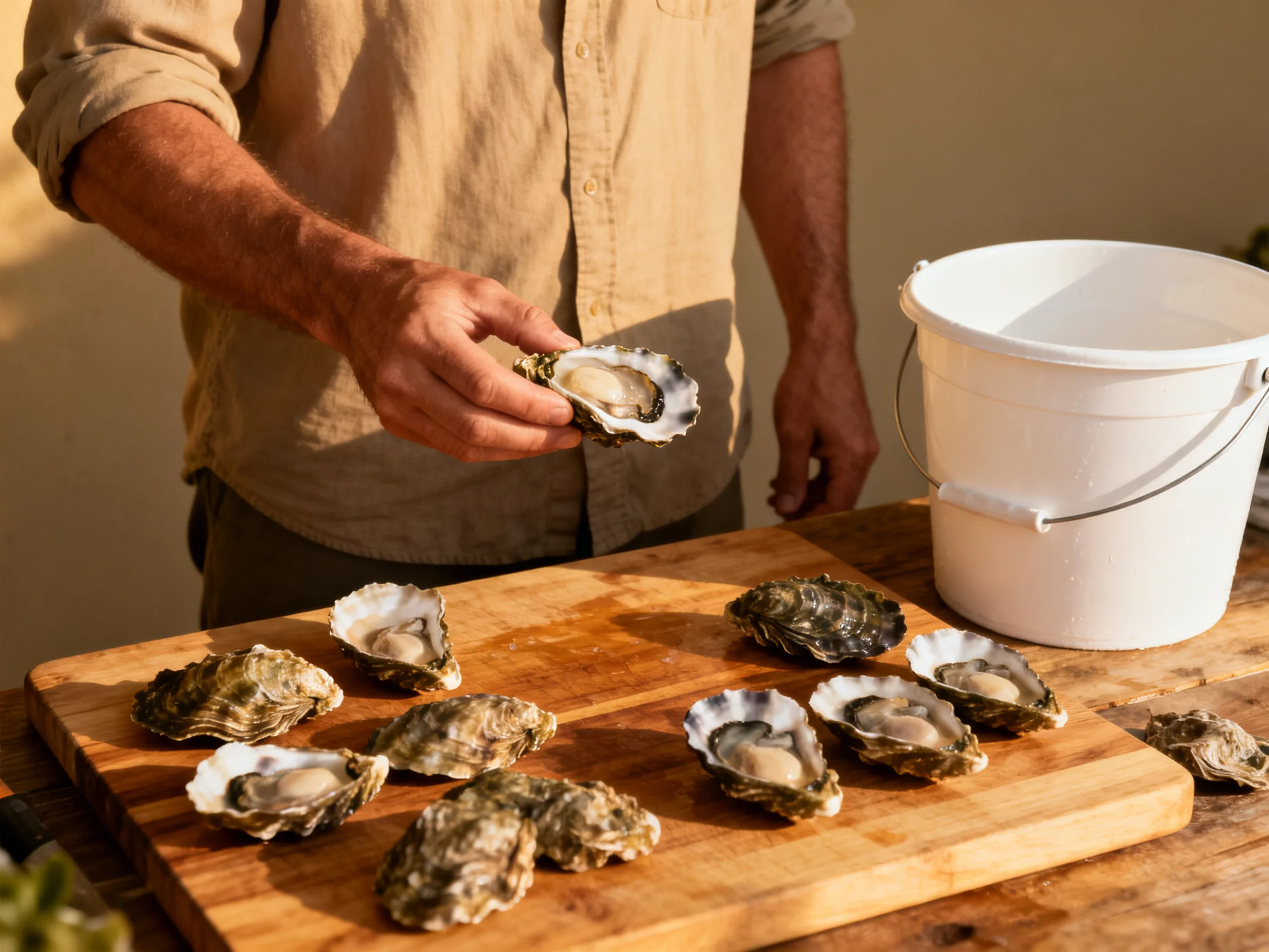 A man preparing raw oysters on a wooden cutting board beside a white bucket