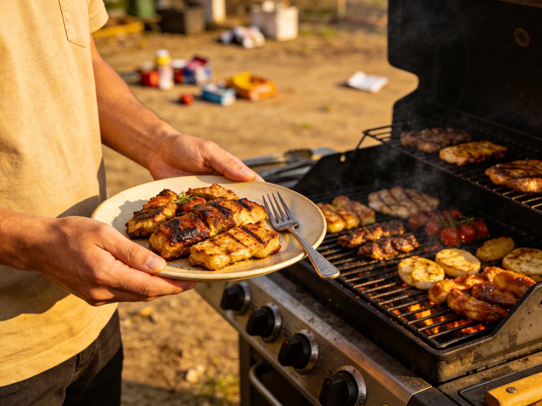 A man serves grilled chicken near an open outdoor barbecue grill