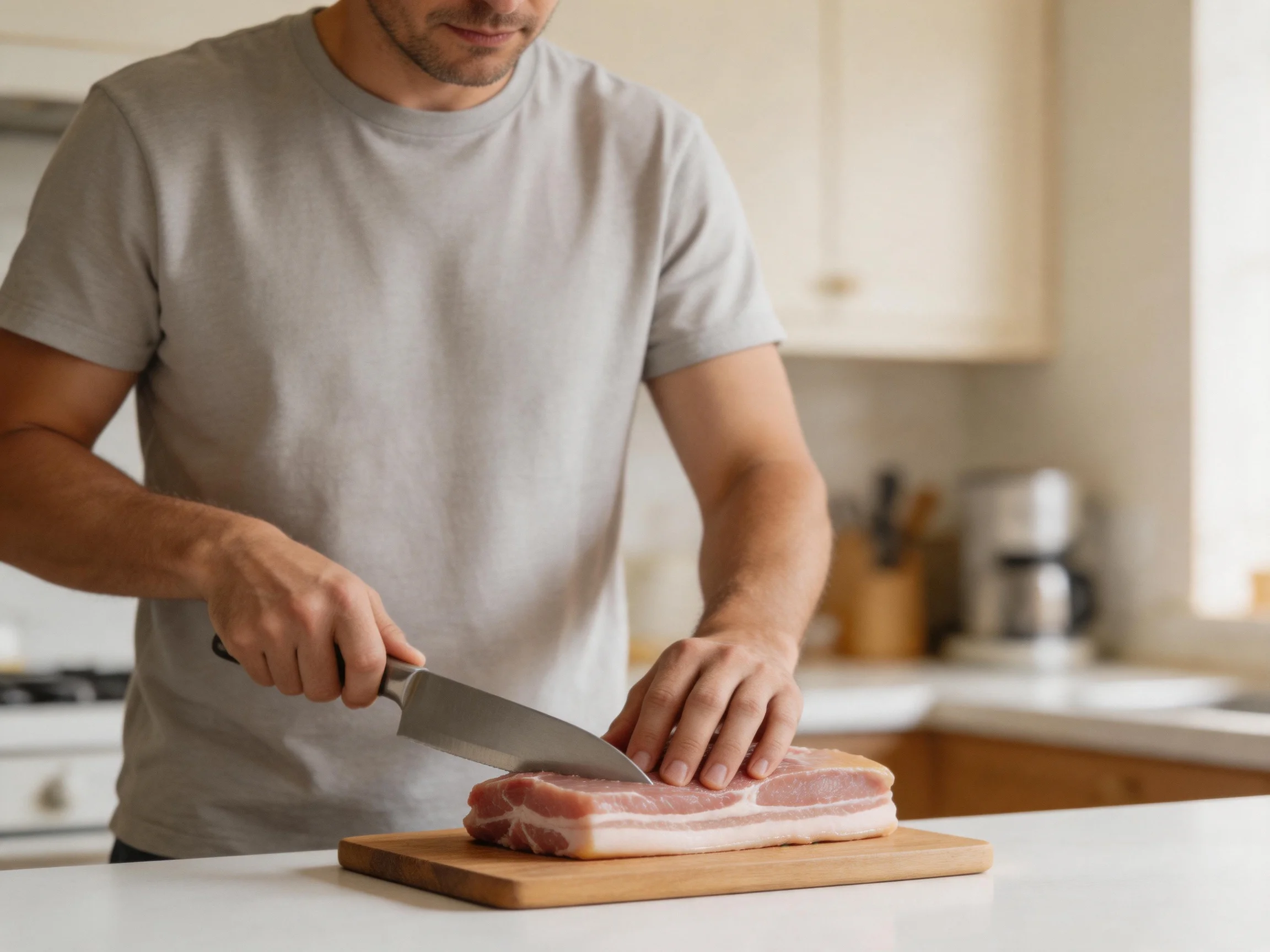 A man slicing raw pork belly on a wooden cutting board