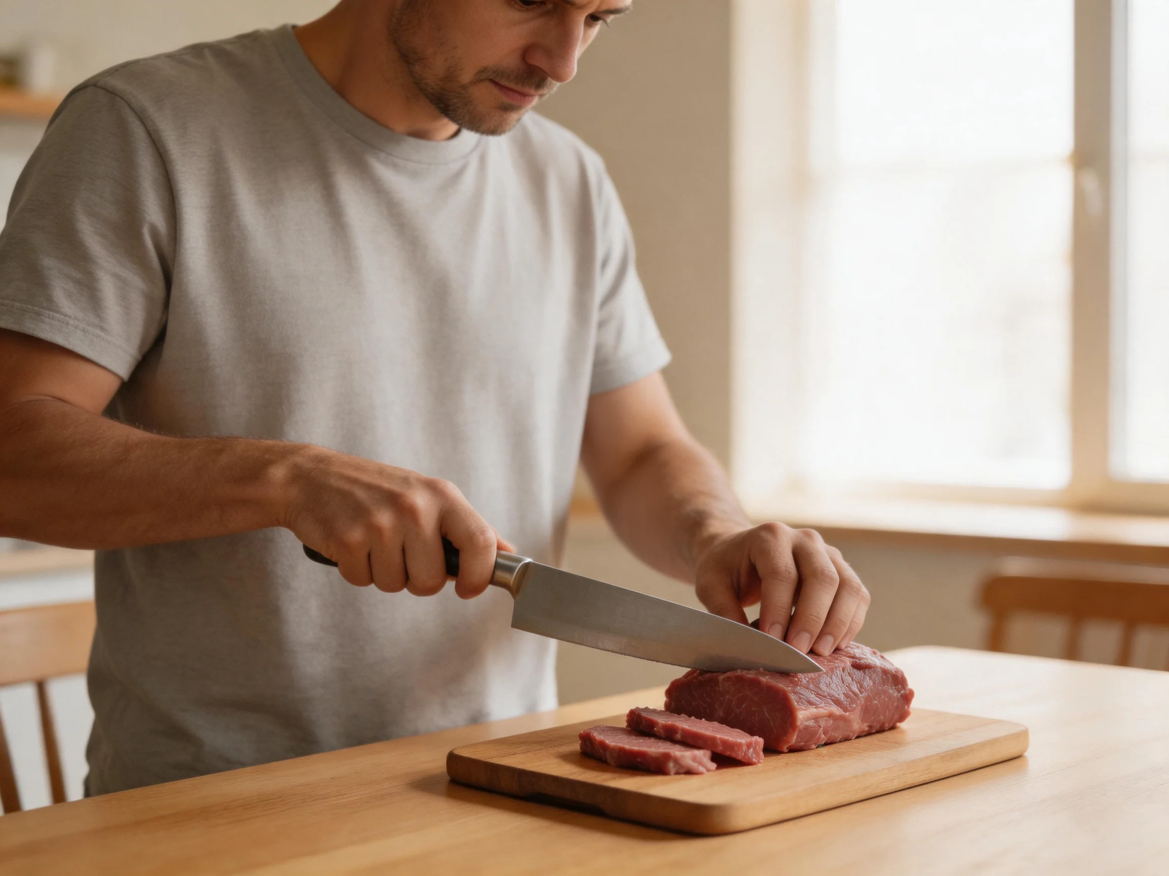 A man slicing raw red meat on a wooden cutting board