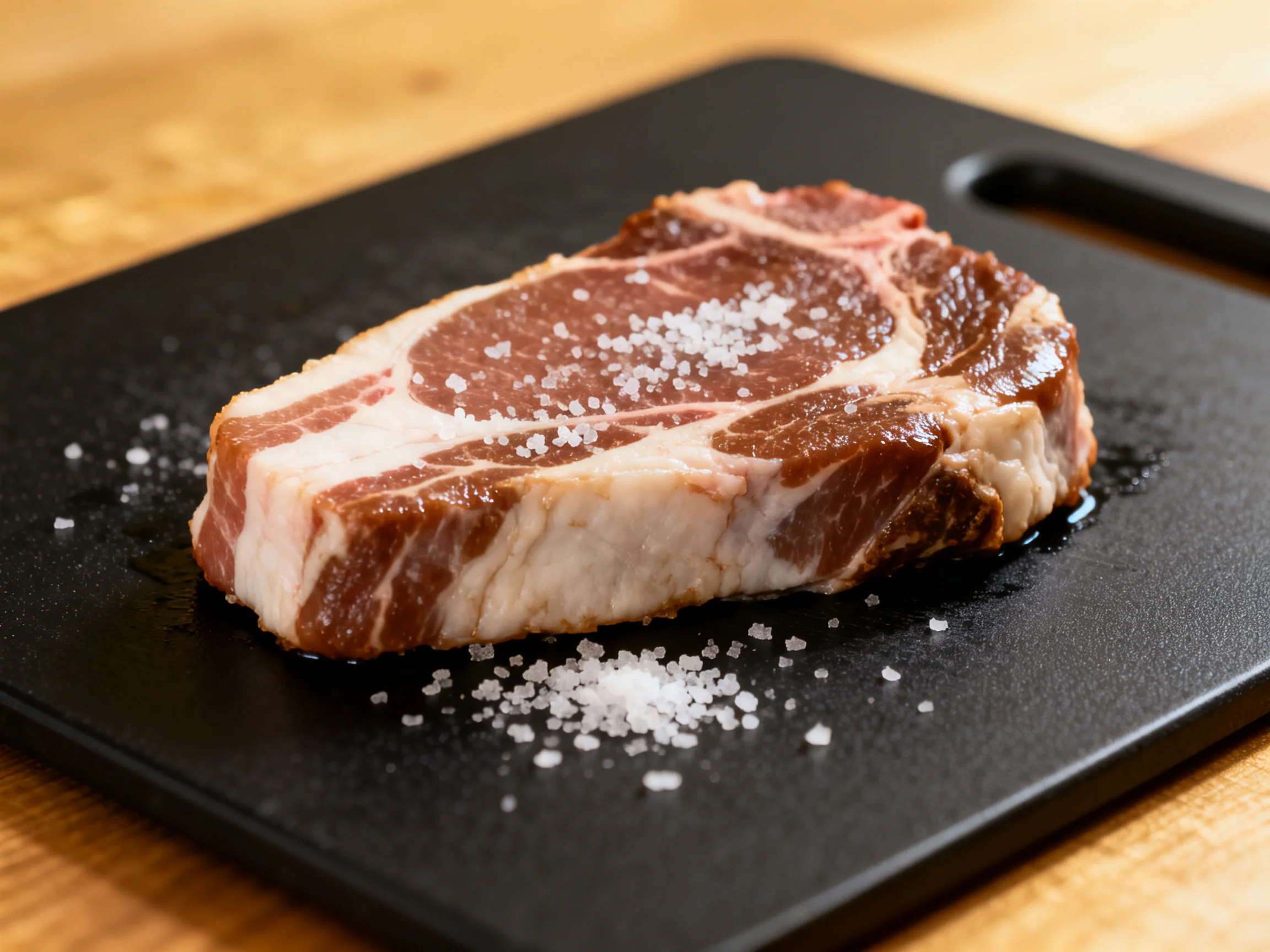 A marbled pork steak with coarse salt on a black cutting board