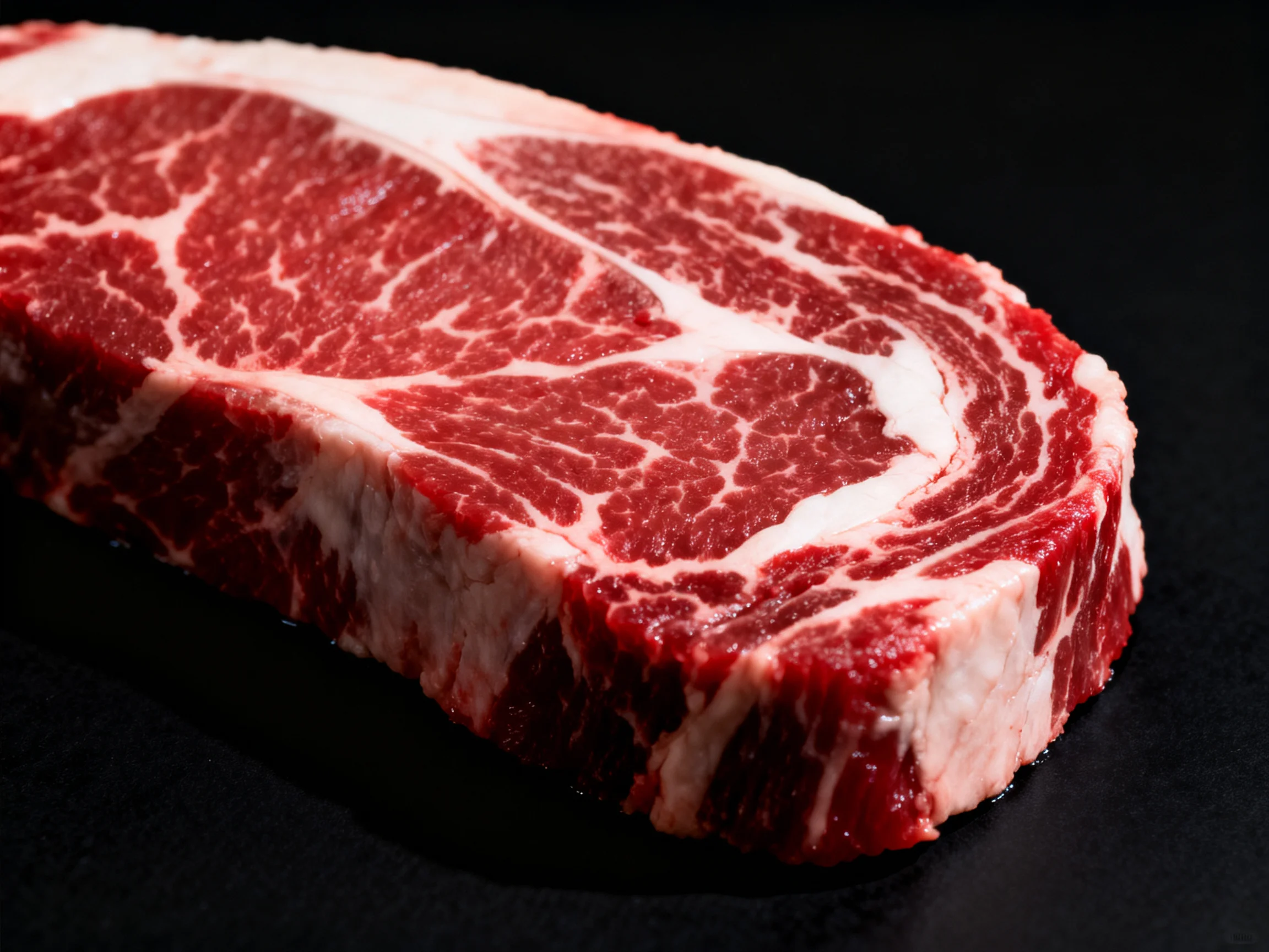 A marbled raw beef steak with rich red muscle and white fat streaks
