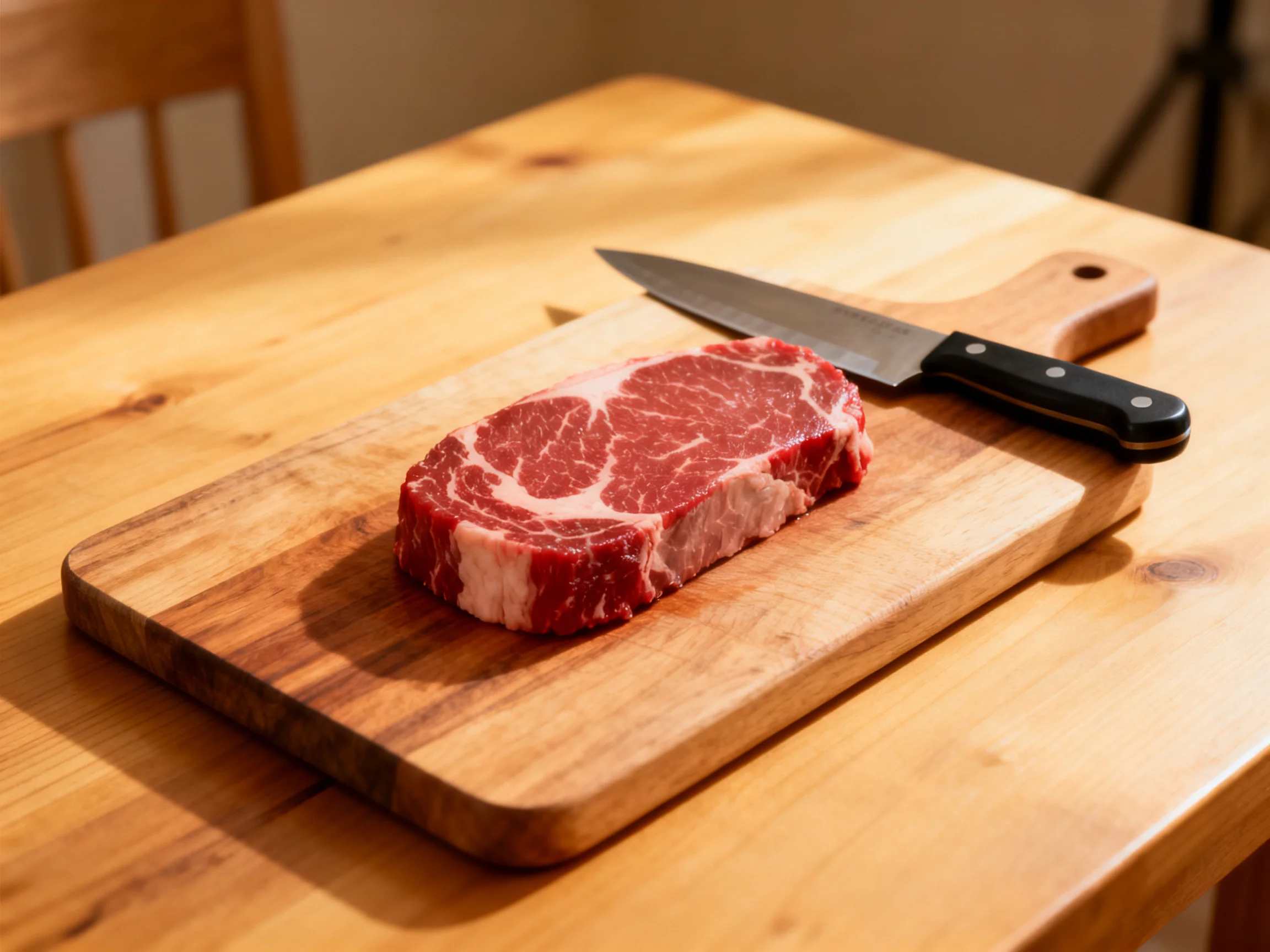 A marbled raw steak rests on a wooden cutting board beside a chef’s knife