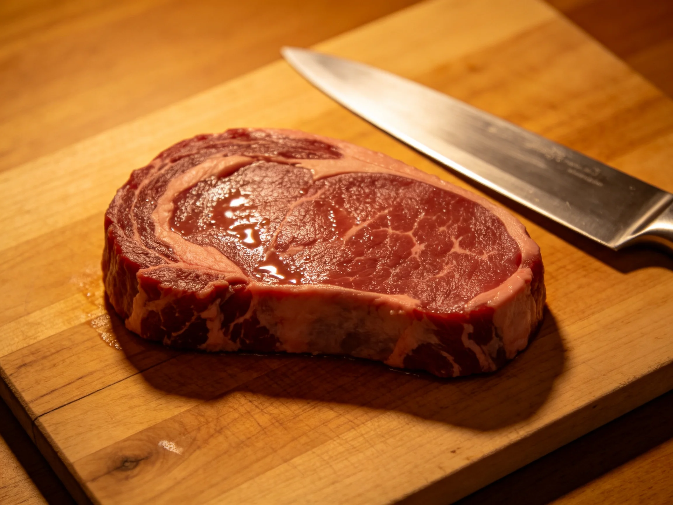 A marbled raw steak sits next to a sharp chefs knife on a wooden cutting board