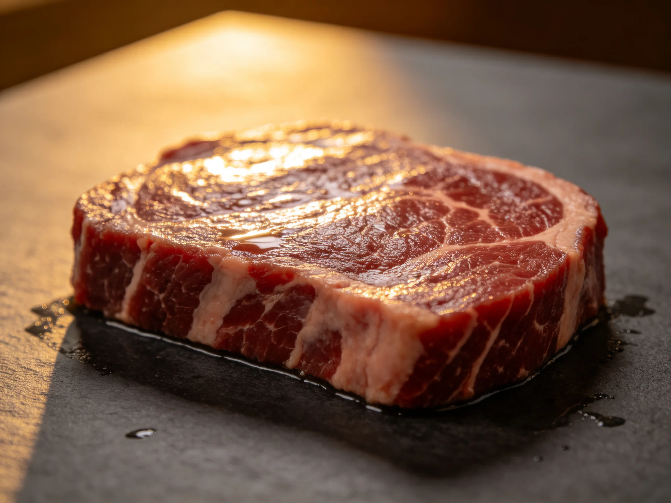 A marbled red beef cut rests on a dark slate surface with warm lighting