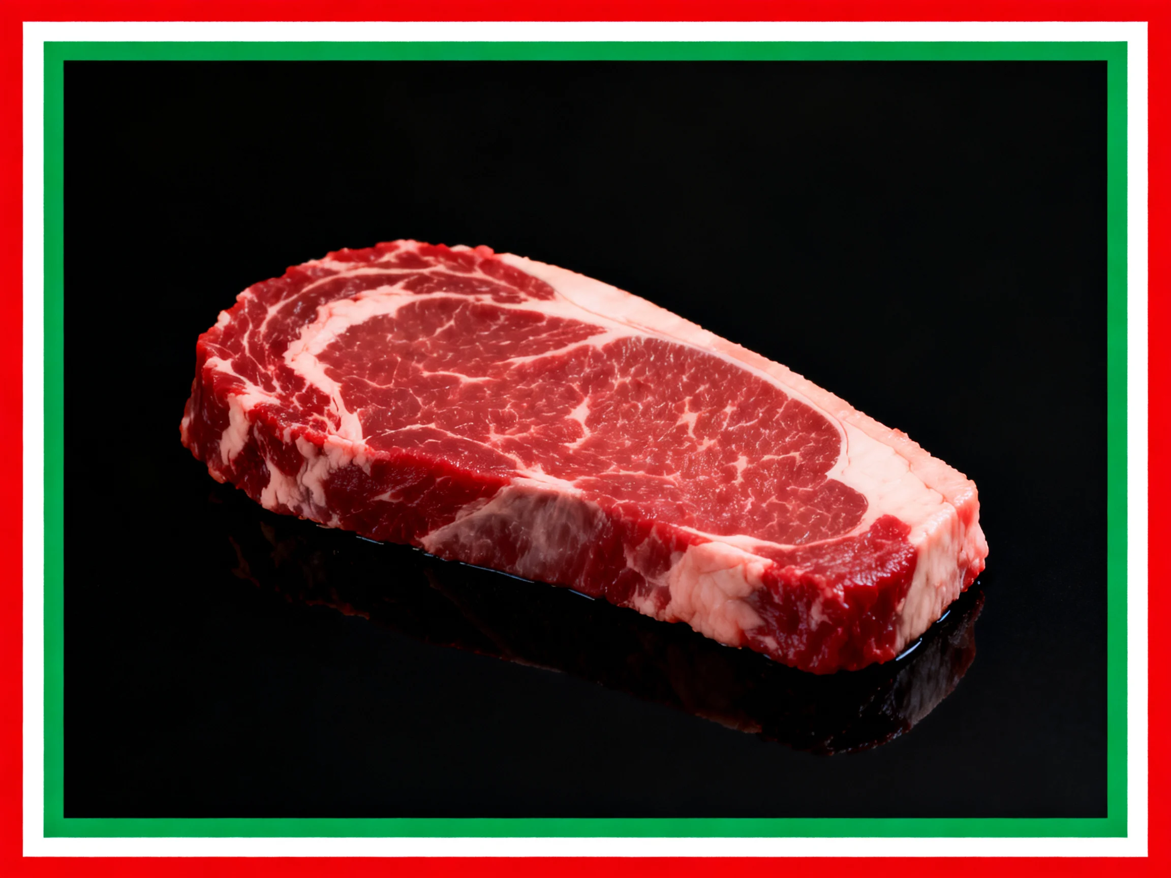 A marbled red beef steak displayed on a black surface
