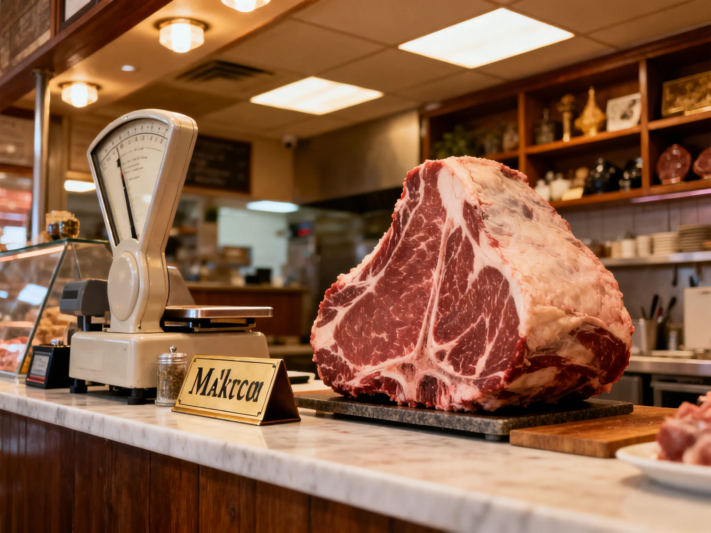 A massive raw marbled red meat displayed near a vintage scale