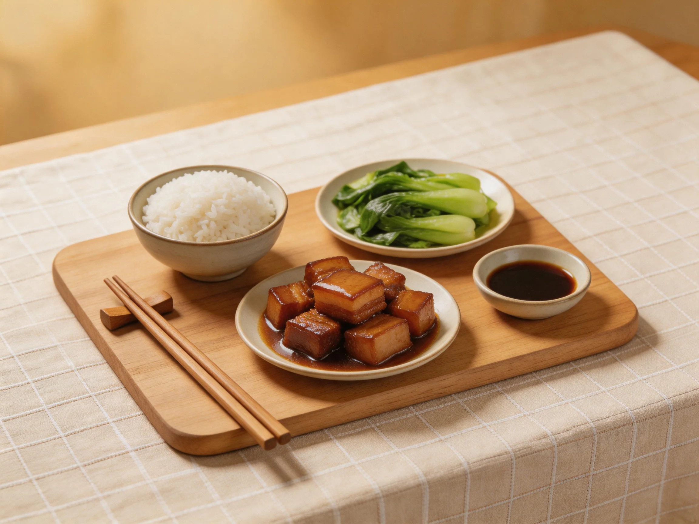 A meal arrangement with rice, meat, greens, and sauce on a wooden tray