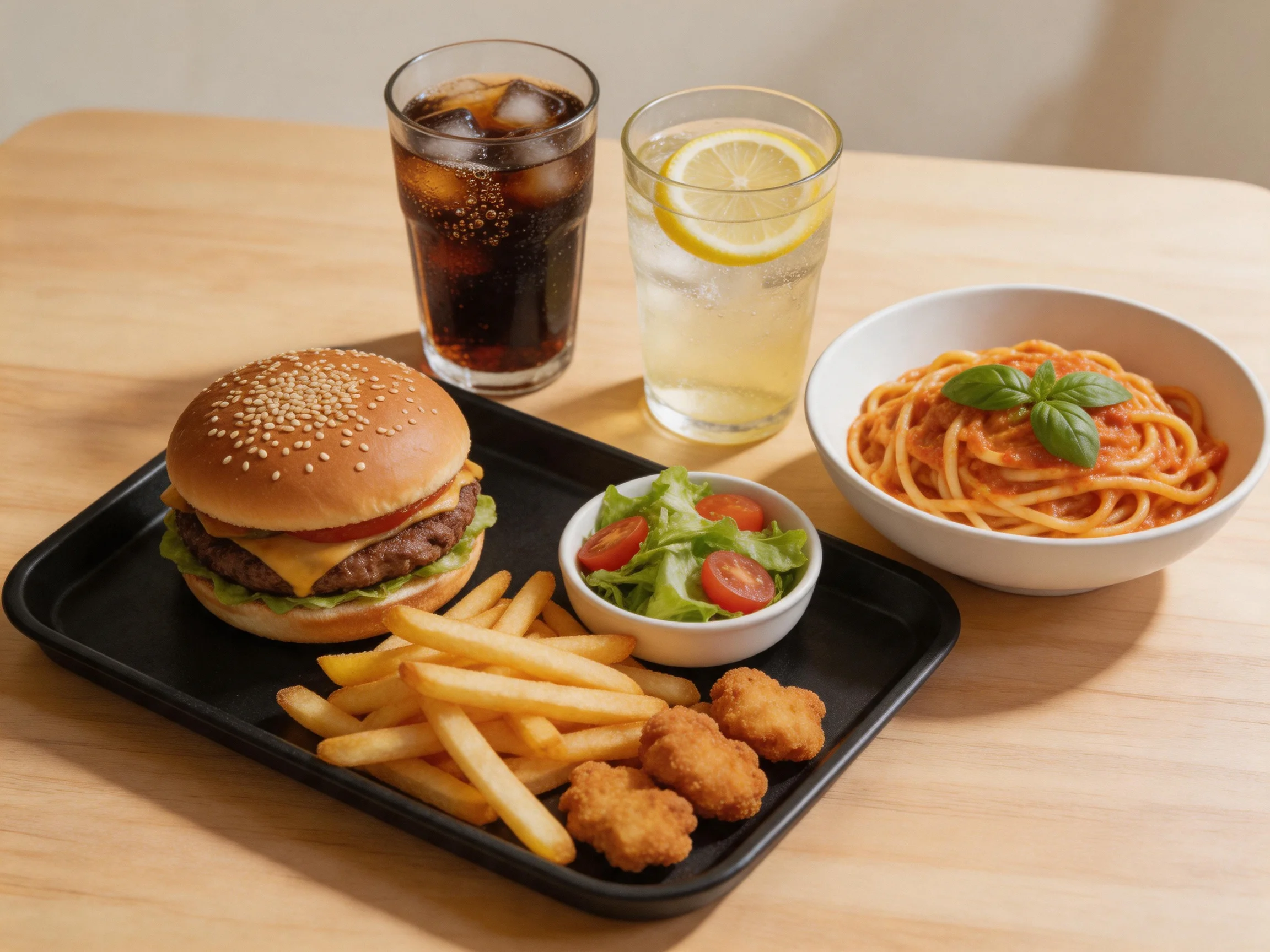 A meal tray with burger, fries, spaghetti, and two drinks